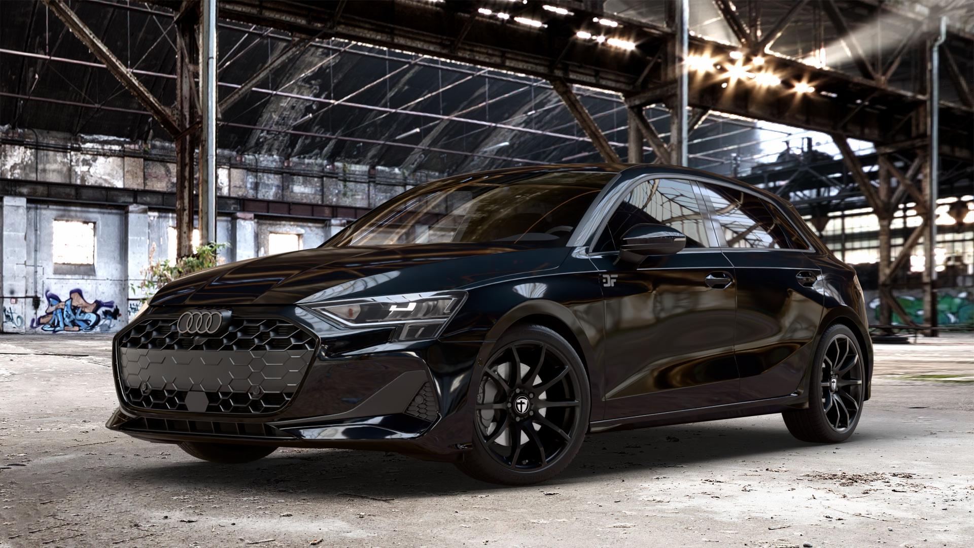 TOMASON TN1 black painted Felge mit Reifen schwarz in 18Zoll Winterfelge Alufelge auf metallic schwarzem Audi A3 Typ GY (Sportback) Facelift 2,0l 30 TDI 85kW (116 PS) 1,5l TFSI Mild-Hybrid 35 110kW (150 PHEV 200 130kW Hybrid (177 150 ⬇️ mit 15mm Tieferlegung ⬇️ Old Industrial Hall_max_4400mm_2024 Frontansicht_1