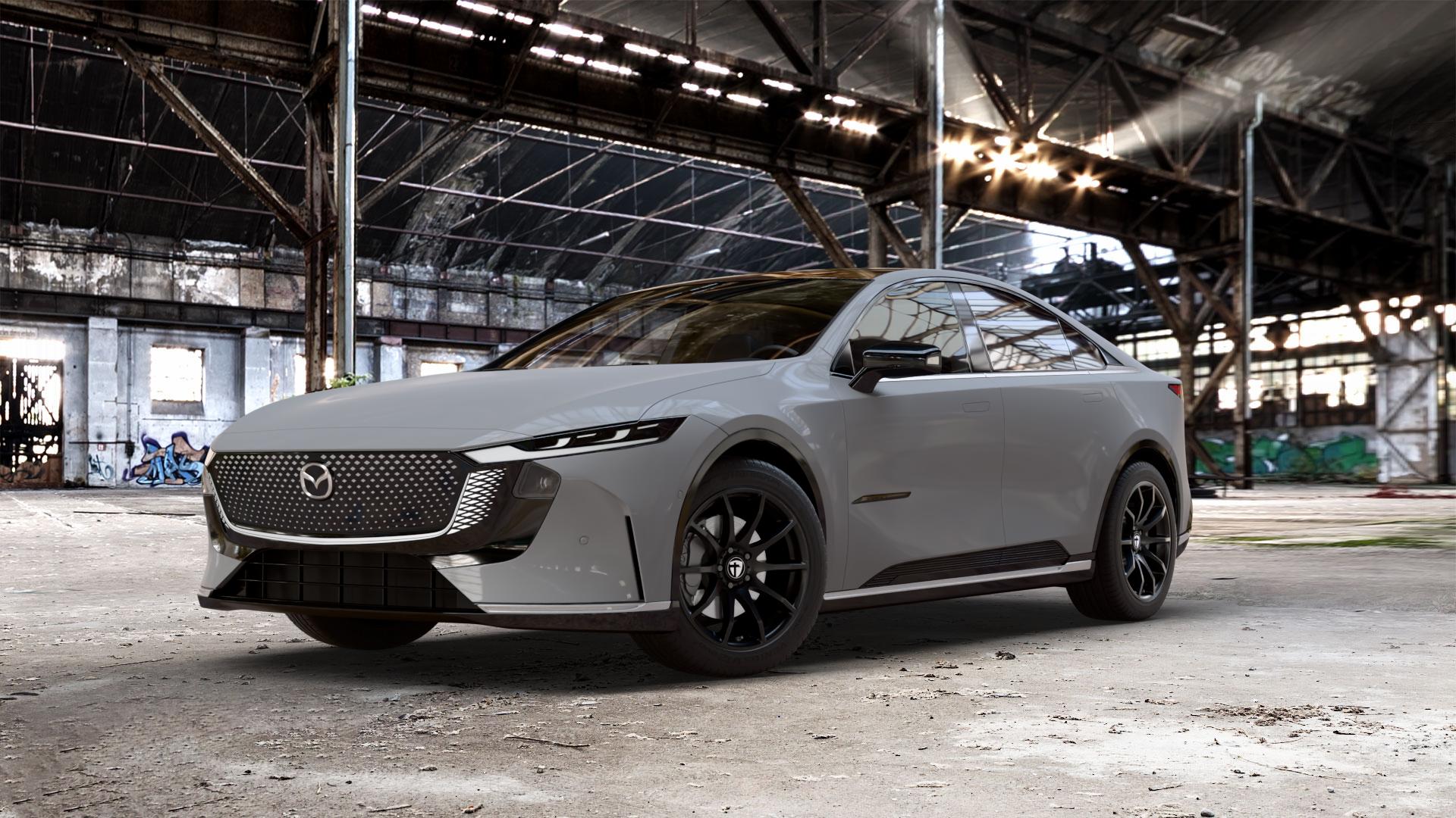 TOMASON TN1 black painted Felge mit Reifen schwarz in 18Zoll Winterfelge Alufelge auf schwarzem Mazda 6e (GN) 0,0l 60kW (82 PS) 100kW (136 6 ⬇️ mit 15mm Tieferlegung ⬇️ Old Industrial Hall_max_5300mm_2024 Frontansicht_1