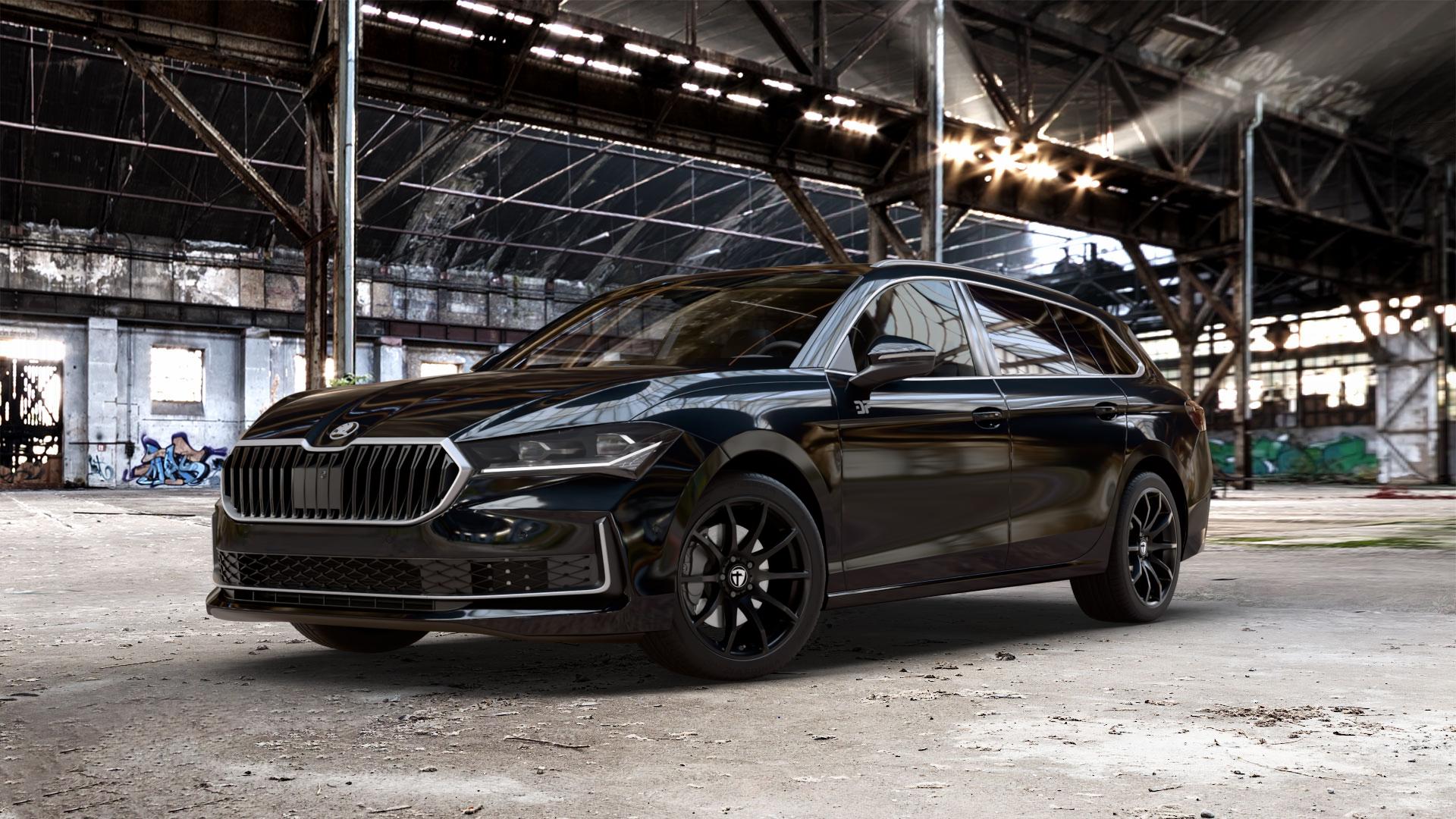 TOMASON TN1 black painted Felge mit Reifen schwarz in 18Zoll Winterfelge Alufelge auf schwarzem metallic Skoda Superb IV Kombi Typ NZ 1,5l TSI 110kW Mild-Hybrid (150 PS) Hybrid 2,0l TDI 4x4 142kW (193 195kW (265 ⬇️ mit 15mm Tieferlegung ⬇️ Old Industrial Hall_max_5300mm_2024 Frontansicht_1