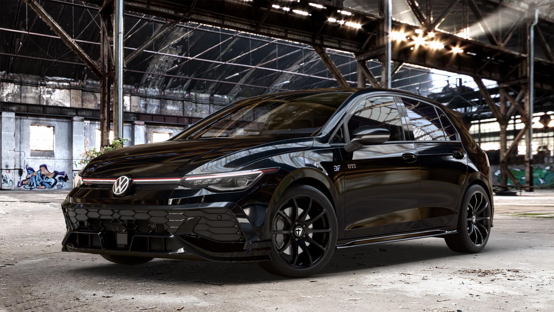 TOMASON TN1 black painted Felge mit Reifen schwarz in 18Zoll Winterfelge Alufelge auf schwarzem Volkswagen (VW) Golf 8 Facelift 2,0l GTI Clubsport 221kW (300 PS) ⬇️ mit 15mm Tieferlegung ⬇️ Old Industrial Hall_max_4400mm_2024 Frontansicht_1