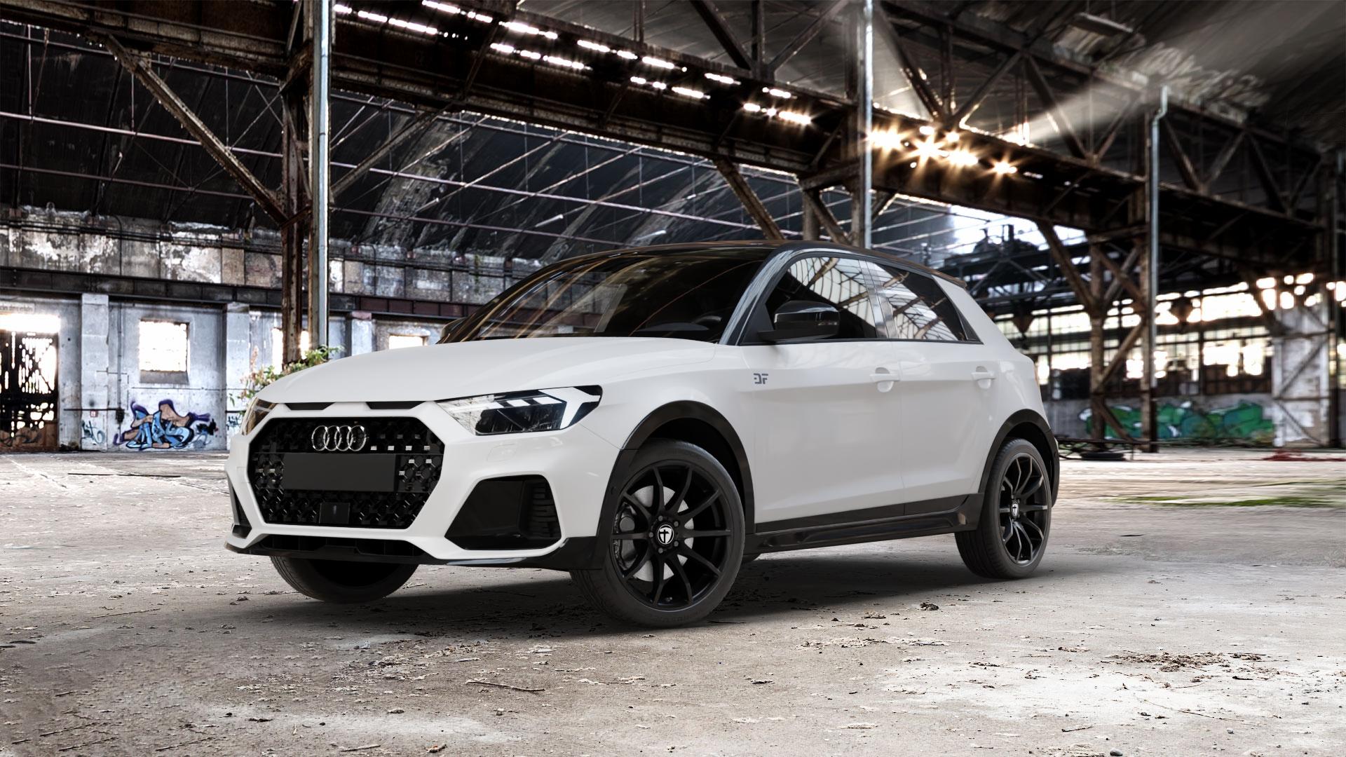 TOMASON TN1 black painted Felge mit Reifen schwarz in 18Zoll Winterfelge Alufelge auf weissem Audi A1 Typ GB (City Carver) ⬇️ mit 15mm Tieferlegung ⬇️ Old Industrial Hall_max_5300mm_2024 Frontansicht_1