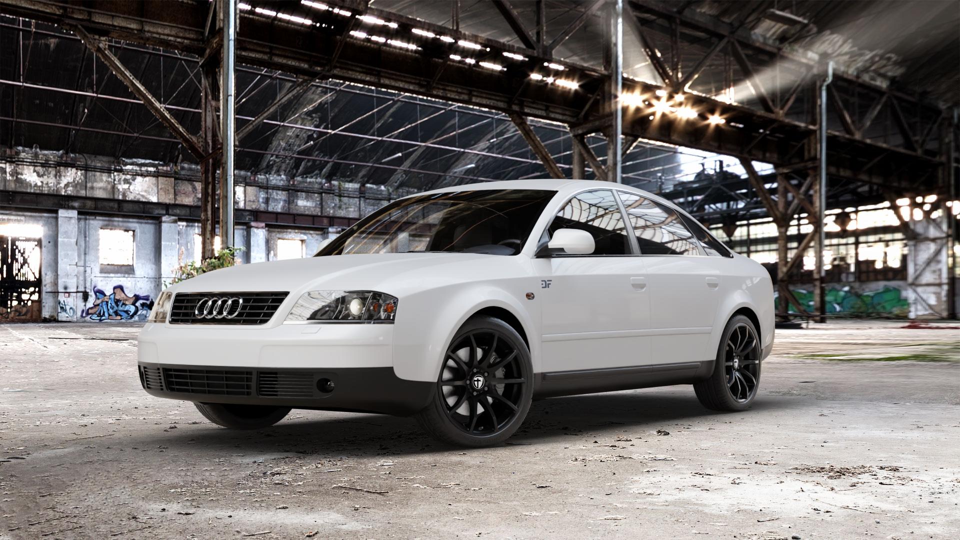TOMASON TN1 black painted Felge mit Reifen schwarz in 18Zoll Winterfelge Alufelge auf weissem Audi A6 Typ 4B/C5 (Limousine) ⬇️ mit 15mm Tieferlegung ⬇️ Old Industrial Hall_max_5300mm_2024 Frontansicht_1