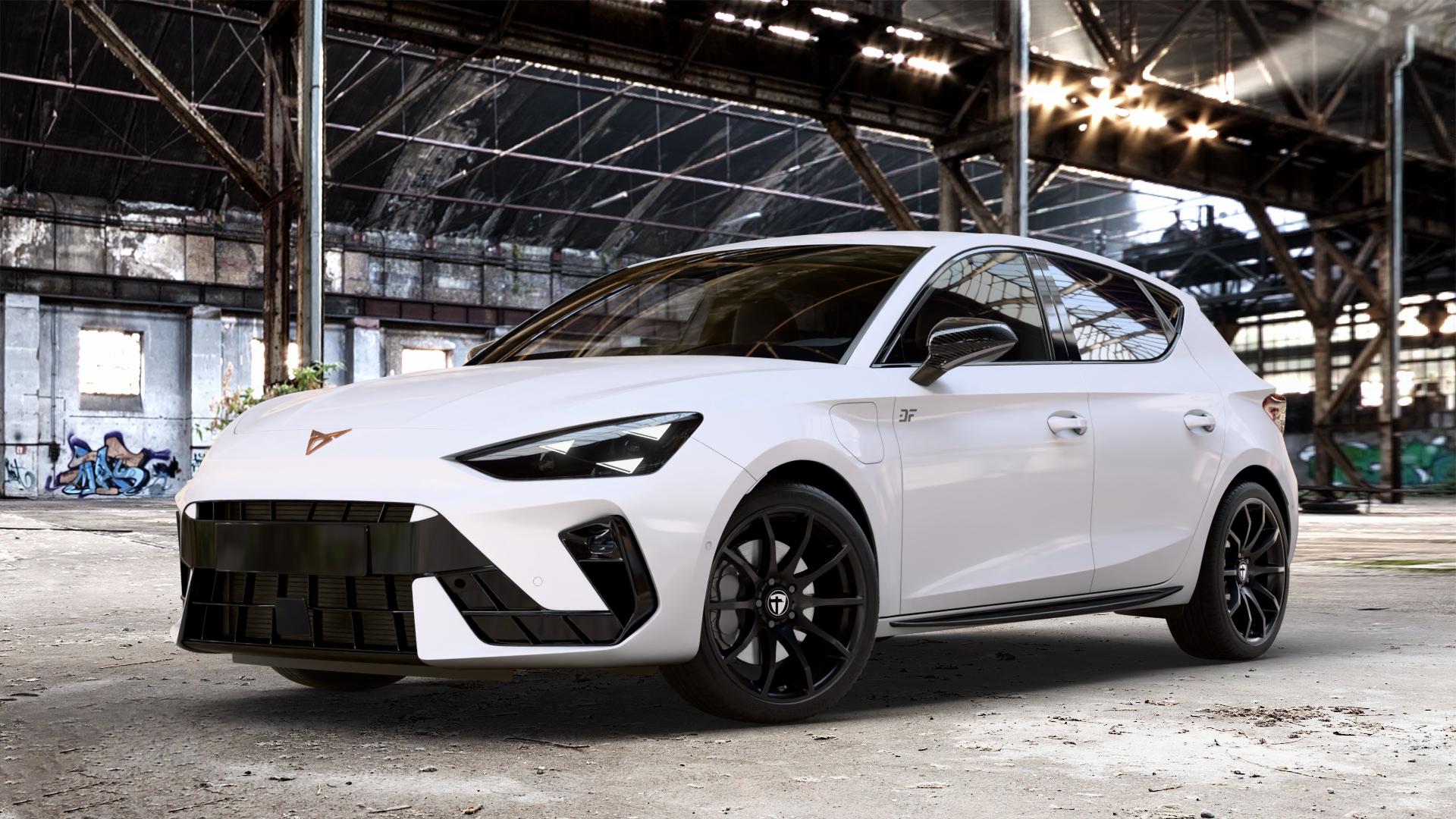 TOMASON TN1 black painted Felge mit Reifen schwarz in 18Zoll Winterfelge Alufelge auf weissem Cupra Leon Typ KL Facelift ⬇️ mit 15mm Tieferlegung ⬇️ Old Industrial Hall_max_4400mm_2024 Frontansicht_1