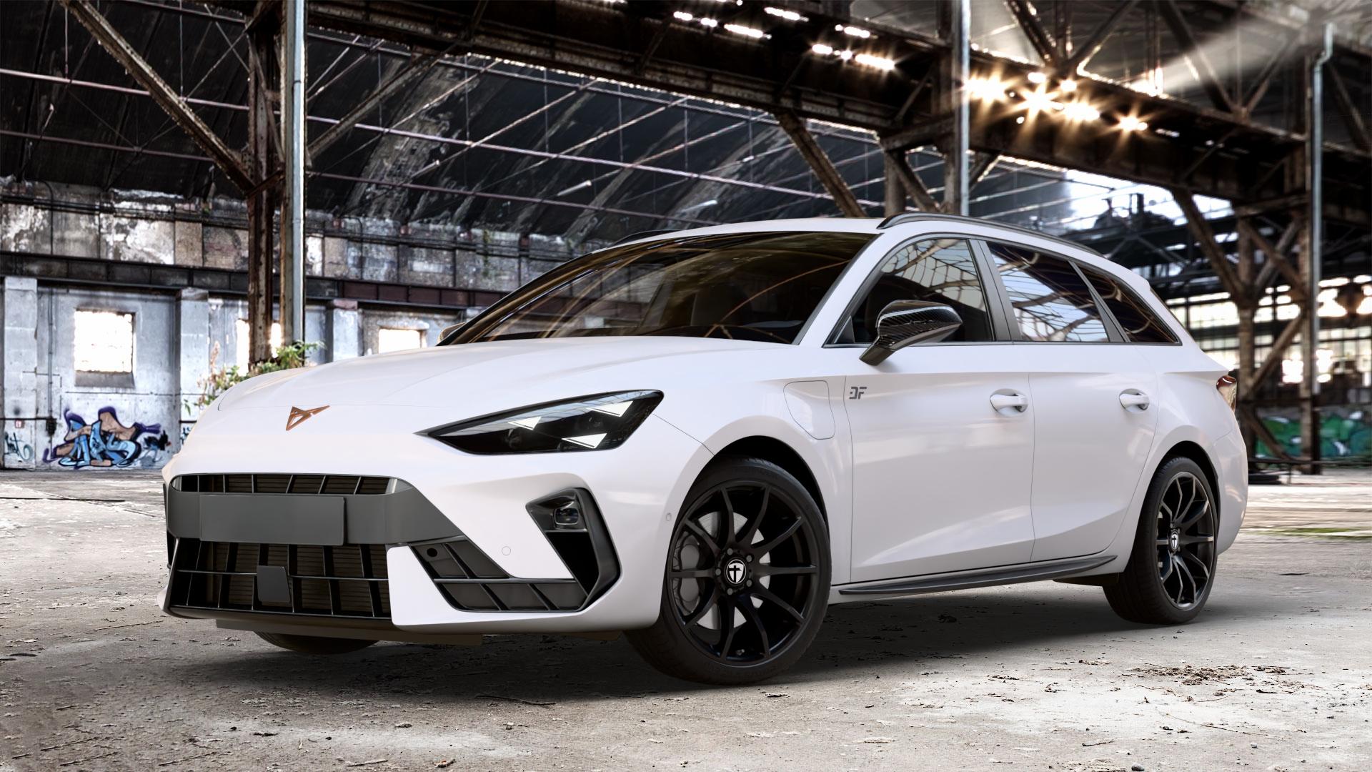 TOMASON TN1 black painted Felge mit Reifen schwarz in 18Zoll Winterfelge Alufelge auf weissem Cupra Leon Typ KL ST Facelift ⬇️ mit 15mm Tieferlegung ⬇️ Old Industrial Hall_max_4400mm_2024 Frontansicht_1