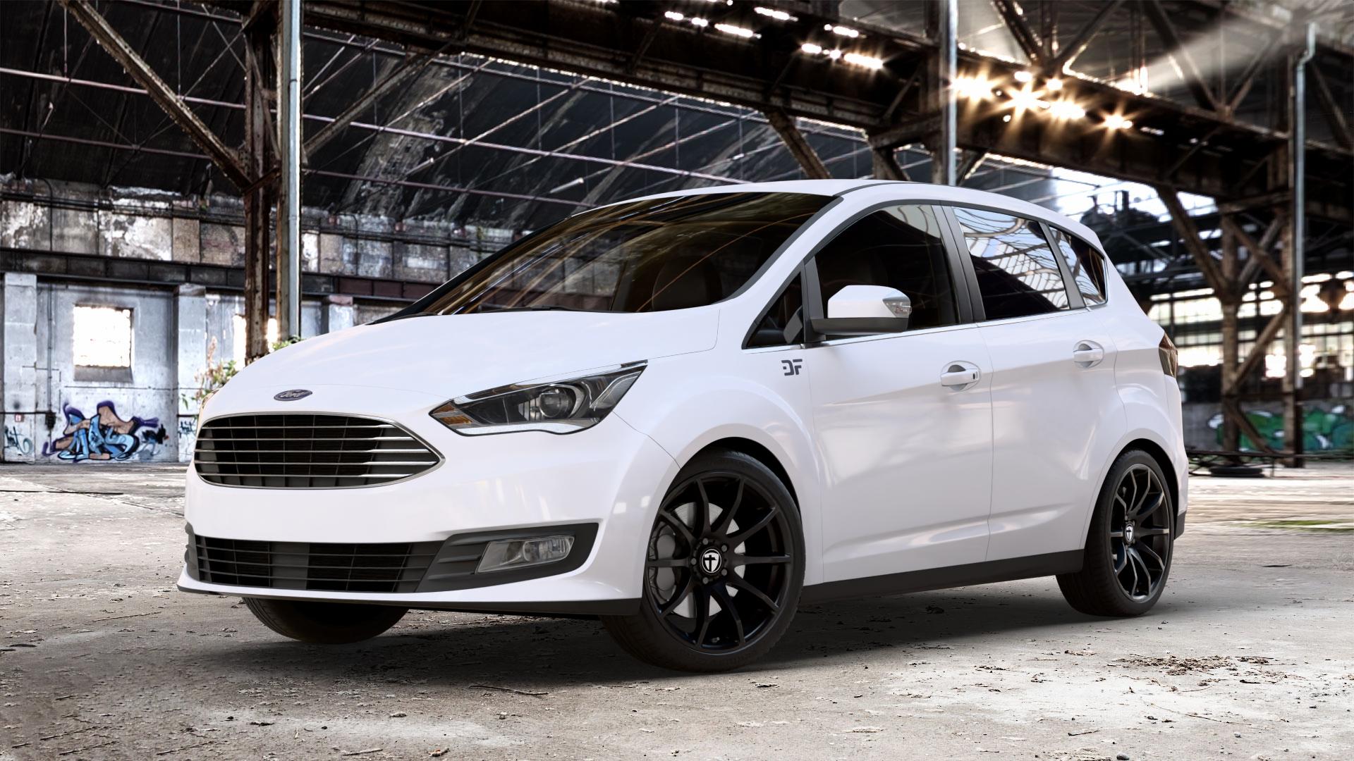 TOMASON TN1 black painted Felge mit Reifen schwarz in 18Zoll Winterfelge Alufelge auf weissem Ford C-Max II Typ DXA Facelift (15->) ⬇️ mit 15mm Tieferlegung ⬇️ Old Industrial Hall_max_4400mm_2024 Frontansicht_1