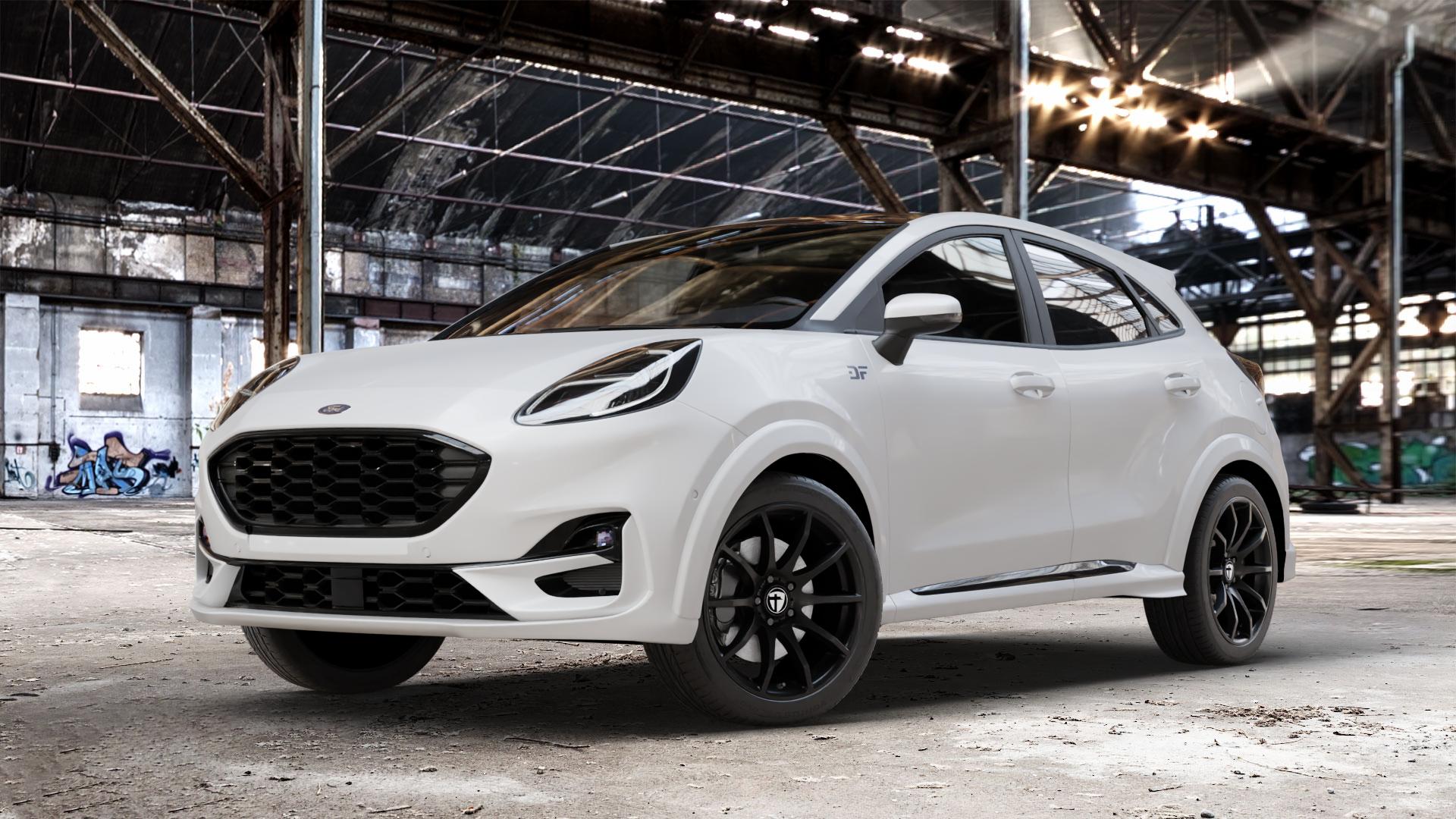 TOMASON TN1 black painted Felge mit Reifen schwarz in 18Zoll Winterfelge Alufelge auf weissem Ford Puma II Typ J2K 1,0l EcoBoost 114kW Mild-Hybrid (155 PS) 70kW (95 92kW (125 Facelift ⬇️ mit 15mm Tieferlegung ⬇️ Old Industrial Hall_max_4400mm_2024 Frontansicht_1