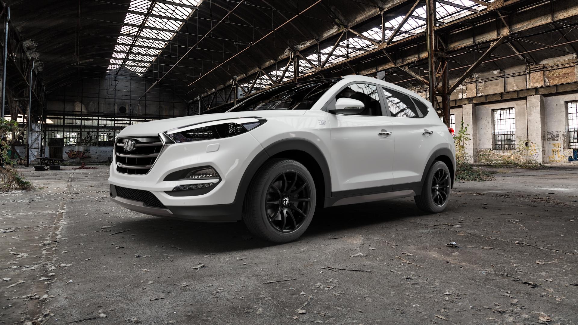 TOMASON TN1 black painted Felge mit Reifen schwarz in 18Zoll Winterfelge Alufelge auf weissem Hyundai Tucson II Typ TLE TL Facelift ⬇️ mit 15mm Tieferlegung ⬇️ Old Industrial Hall_max5000mm_2022 Frontansicht_1
