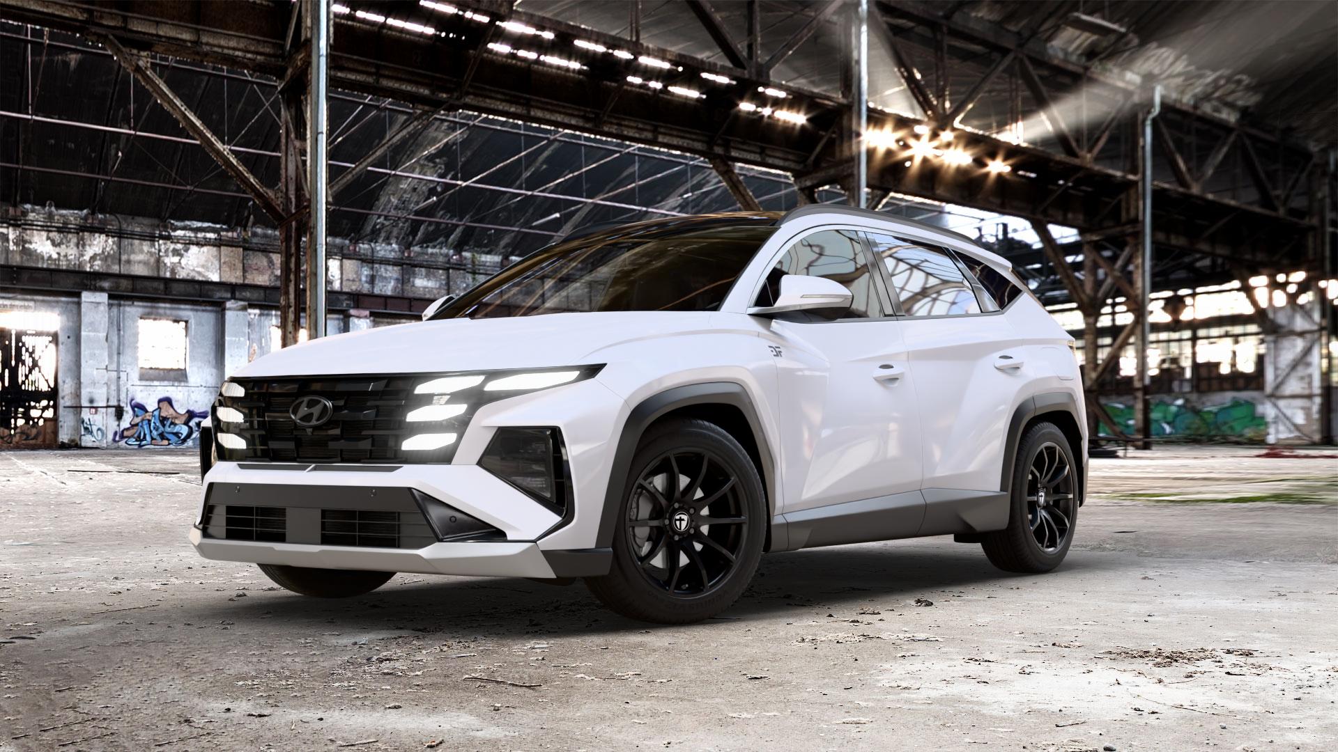 TOMASON TN1 black painted Felge mit Reifen schwarz in 18Zoll Winterfelge Alufelge auf weissem Hyundai Tucson III Typ NX4e Facelift ⬇️ mit 15mm Tieferlegung ⬇️ Old Industrial Hall_max_5300mm_2024 Frontansicht_1