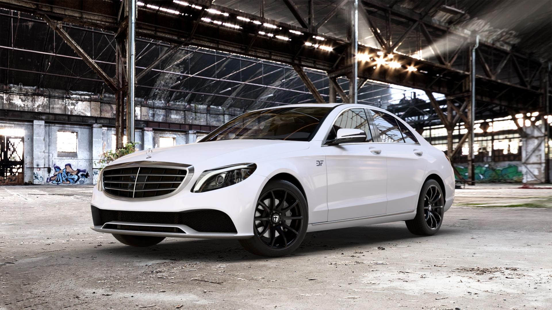 TOMASON TN1 black painted Felge mit Reifen schwarz in 18Zoll Winterfelge Alufelge auf weissem Mercedes C-Klasse Typ W205 Limousine Facelift ⬇️ mit 15mm Tieferlegung ⬇️ Old Industrial Hall_max_5300mm_2024 Frontansicht_1