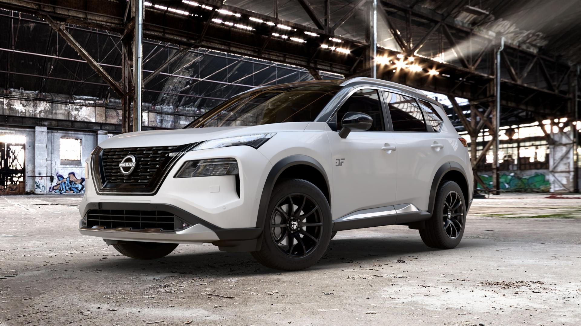 TOMASON TN1 black painted Felge mit Reifen schwarz in 18Zoll Winterfelge Alufelge auf weissem Nissan X-Trail Typ T33 ⬇️ mit 15mm Tieferlegung ⬇️ Old Industrial Hall_max_5300mm_2024 Frontansicht_1