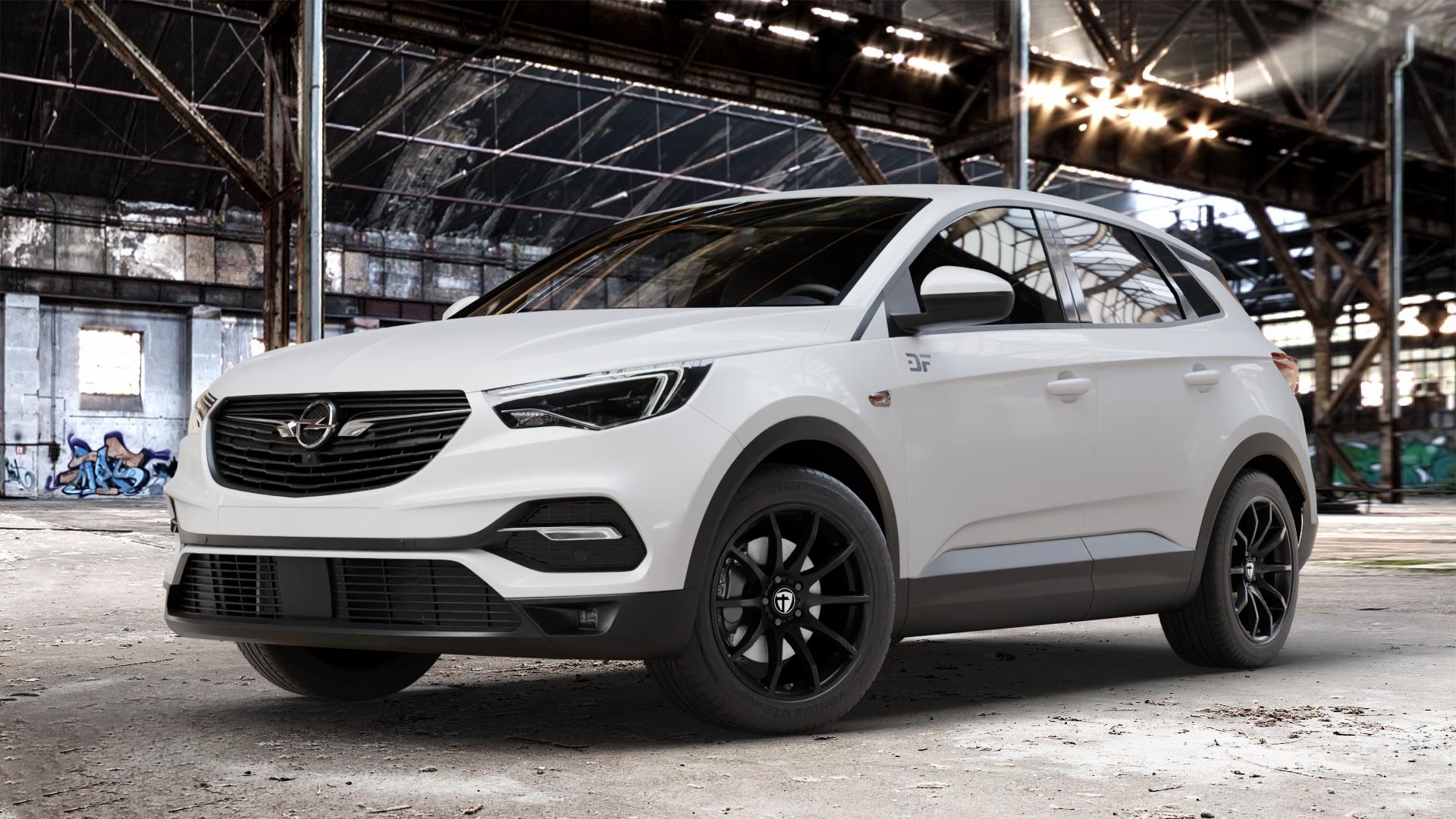 TOMASON TN1 black painted Felge mit Reifen schwarz in 18Zoll Winterfelge Alufelge auf weissem Opel Grandland X Typ Z 1,6l D 88kW (120 PS) 1,2l Turbo 96kW (131 2,0l 130kW (177 1,5l 133kW (181 75kW (102 ⬇️ mit 15mm Tieferlegung ⬇️ Old Industrial Hall_max_4400mm_2024 Frontansicht_1