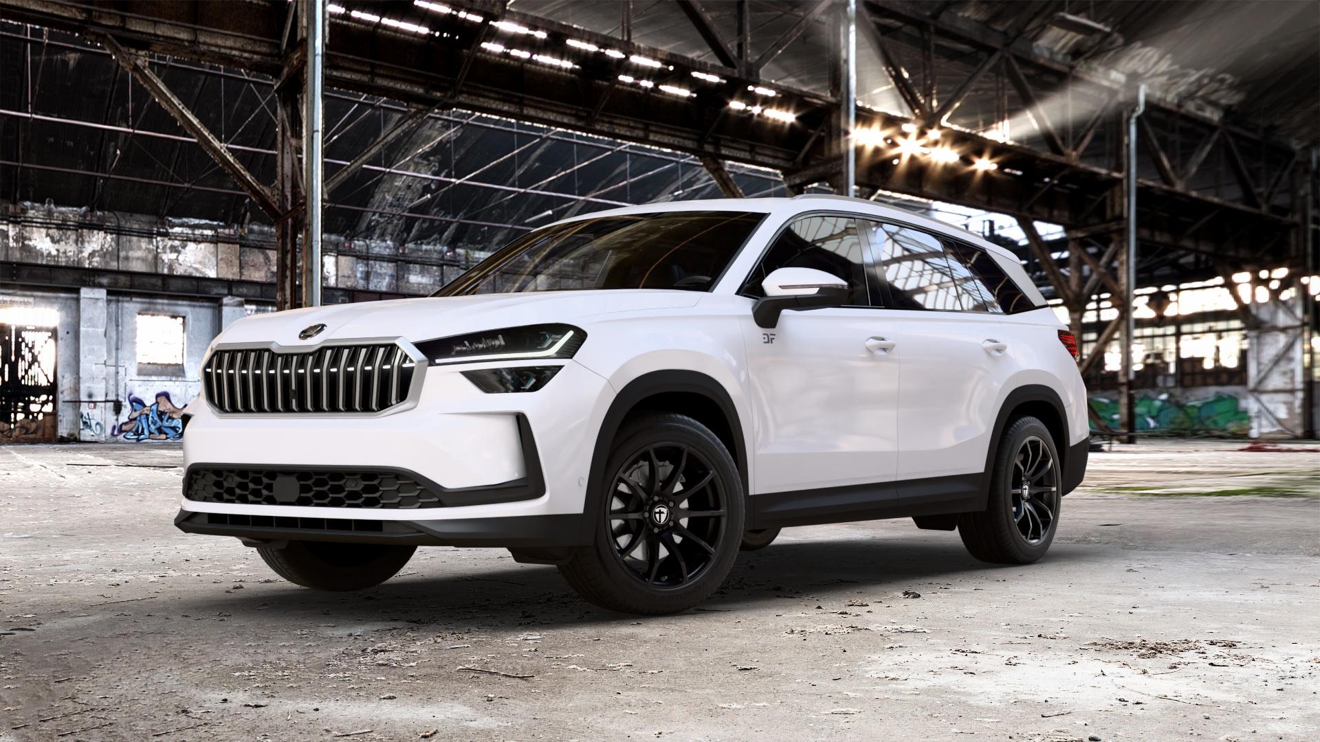 TOMASON TN1 black painted Felge mit Reifen schwarz in 18Zoll Winterfelge Alufelge auf weissem Skoda Kodiaq Typ PS 1,5l TSI 110kW Hybrid (150 PS) 2,0l TDI 4x4 142kW (193 Mild-Hybrid 150kW (204 ⬇️ mit 15mm Tieferlegung ⬇️ Old Industrial Hall_max_5300mm_2024 Frontansicht_1