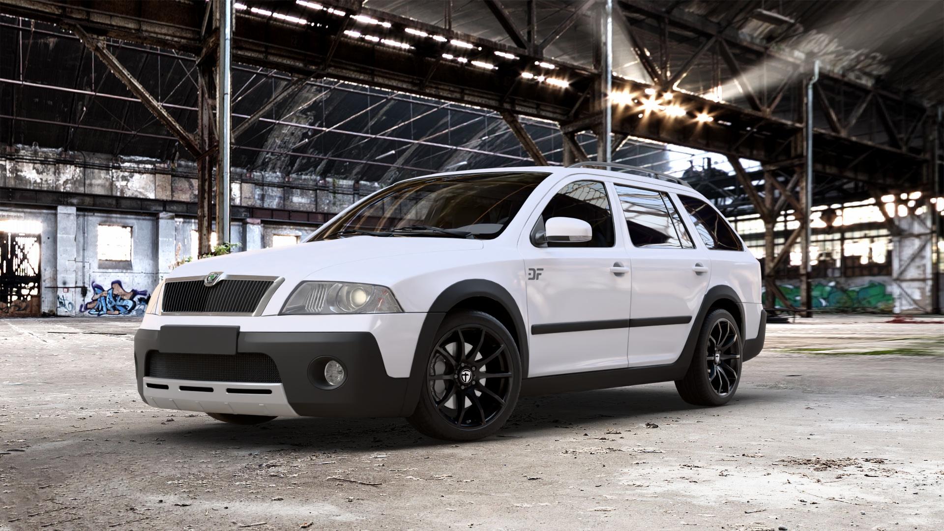 TOMASON TN1 black painted Felge mit Reifen schwarz in 18Zoll Winterfelge Alufelge auf weissem Skoda Octavia II Scout Typ 1Z ⬇️ mit 15mm Tieferlegung ⬇️ Old Industrial Hall_max_5300mm_2024 Frontansicht_1