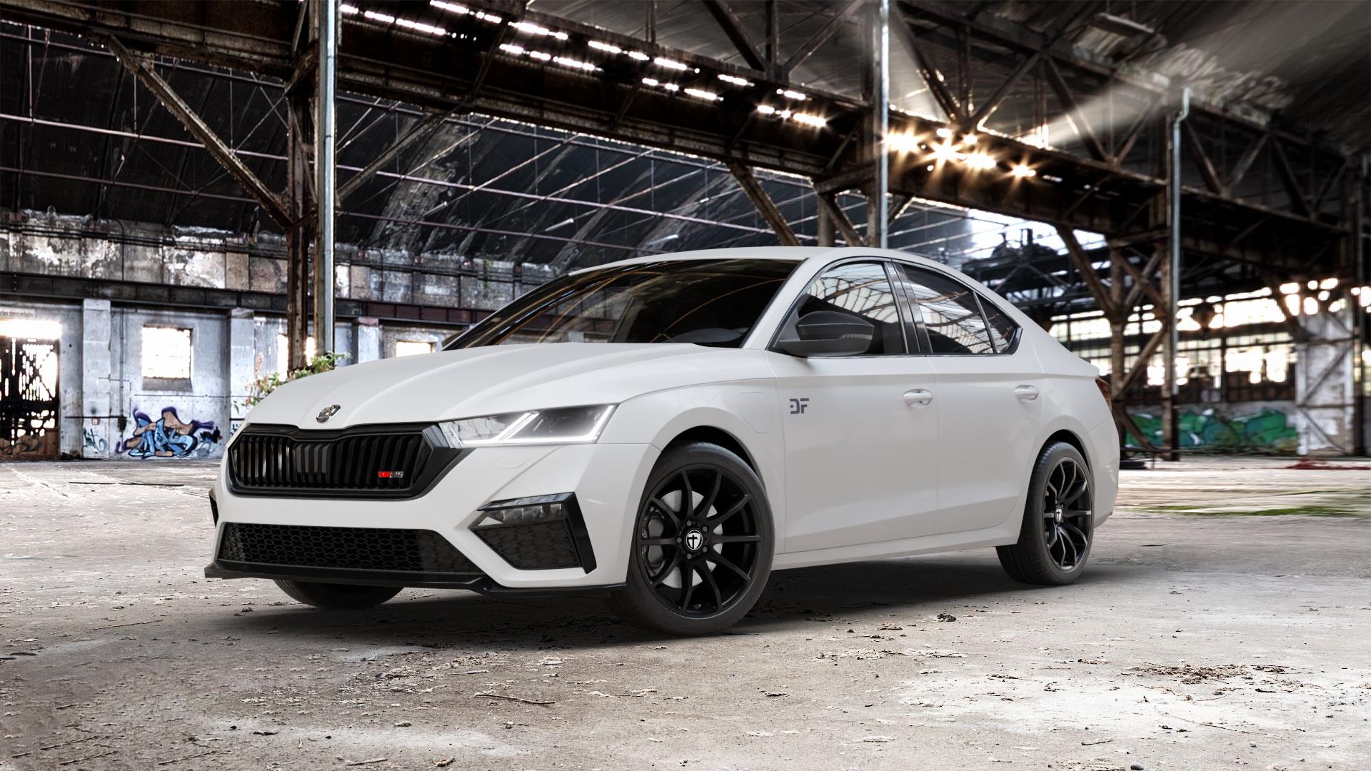 TOMASON TN1 black painted Felge mit Reifen schwarz in 18Zoll Winterfelge Alufelge auf weissem Skoda Octavia IV Limousine Typ NX 2,0l TDI 4x4 147kW (200 PS) TSI 180kW RS (245 1,4l 110kW Hybrid (150 ⬇️ mit 15mm Tieferlegung ⬇️ Old Industrial Hall_max_5300mm_2024 Frontansicht_1