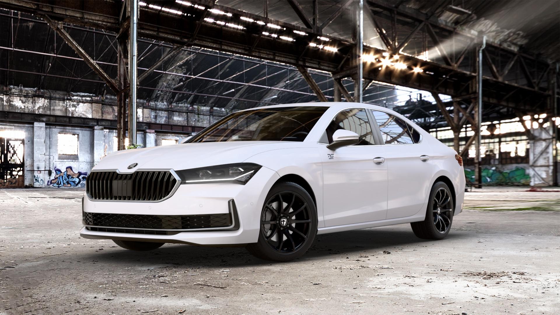 TOMASON TN1 black painted Felge mit Reifen schwarz in 18Zoll Winterfelge Alufelge auf weissem Skoda Superb IV Typ NZ ⬇️ mit 15mm Tieferlegung ⬇️ Old Industrial Hall_max_5300mm_2024 Frontansicht_1