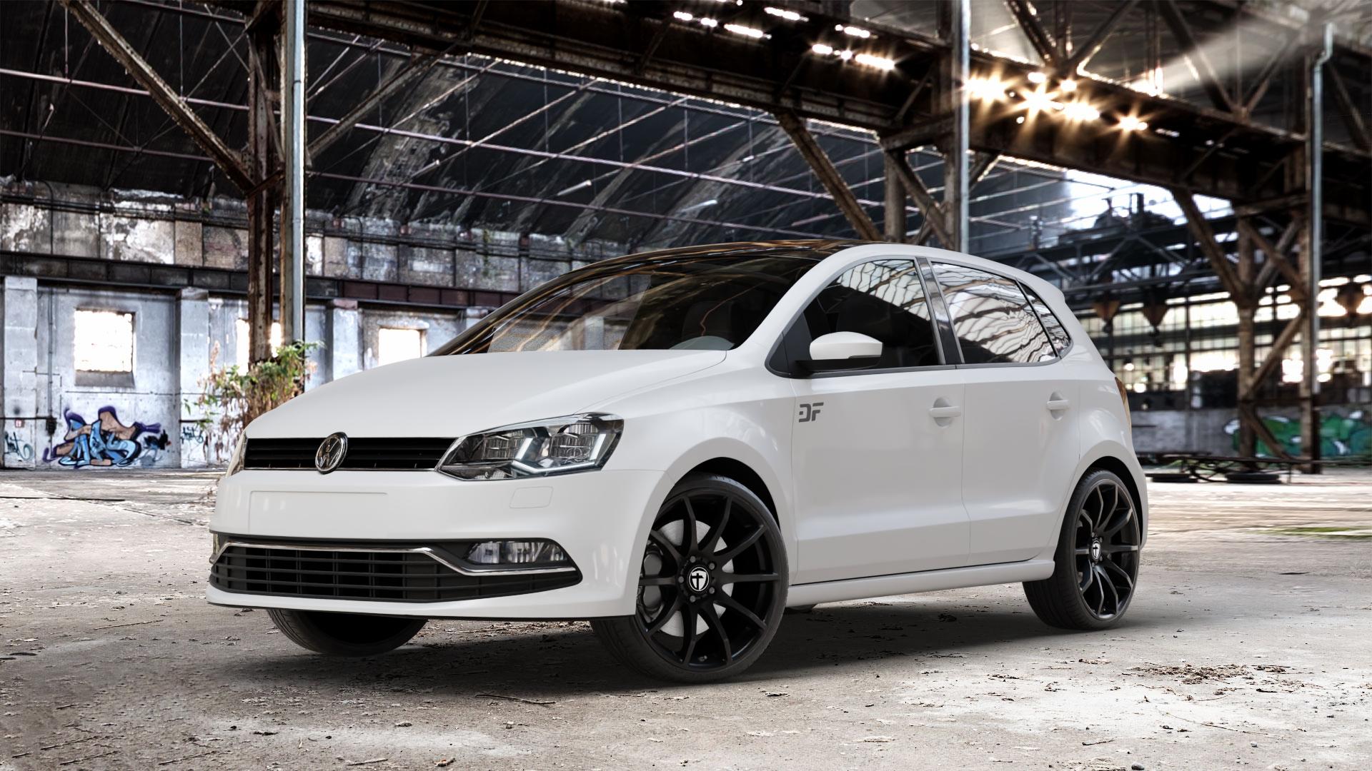 TOMASON TN1 black painted Felge mit Reifen schwarz in 18Zoll Winterfelge Alufelge auf weissem Volkswagen (VW) Polo V Typ 6C ⬇️ mit 15mm Tieferlegung ⬇️ Old Industrial Hall_max_4400mm_2024 Frontansicht_1