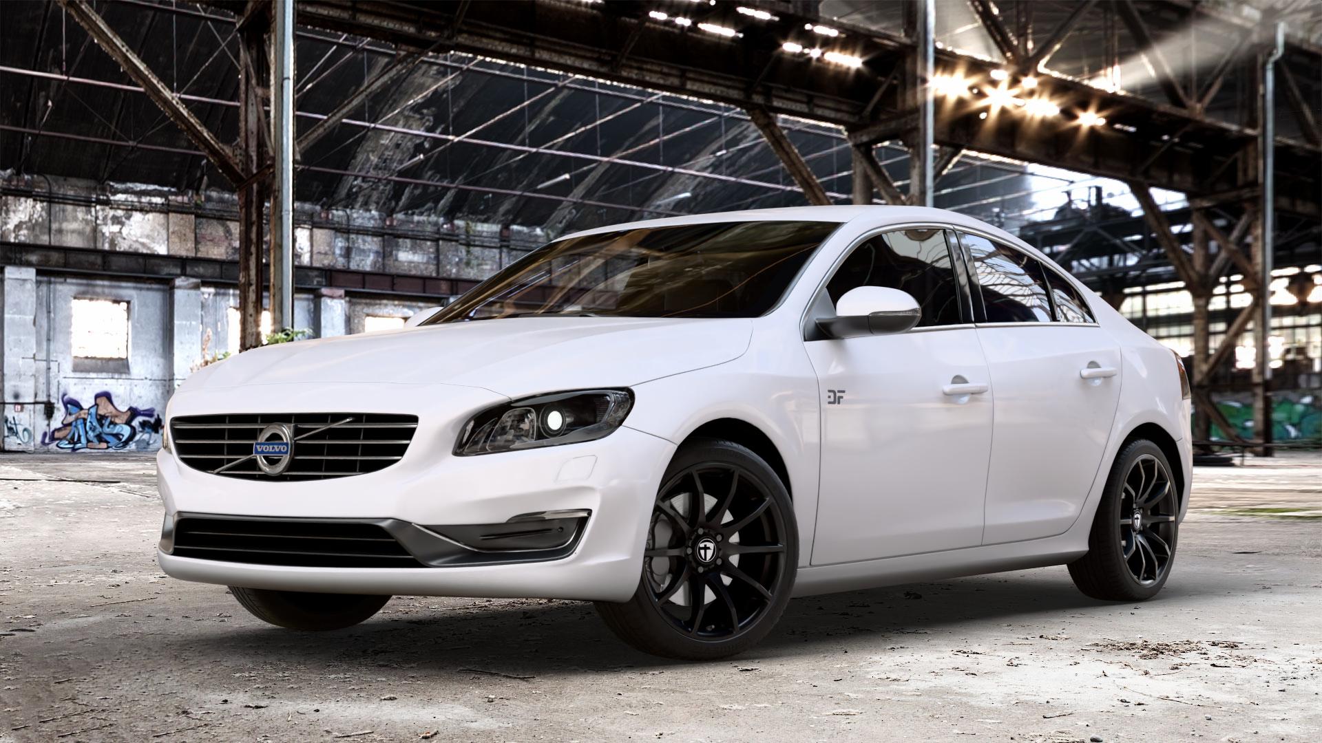 TOMASON TN1 black painted Felge mit Reifen schwarz in 18Zoll Winterfelge Alufelge auf weissem Volvo S60 II Typ F ⬇️ mit 15mm Tieferlegung ⬇️ Old Industrial Hall_max_4400mm_2024 Frontansicht_1