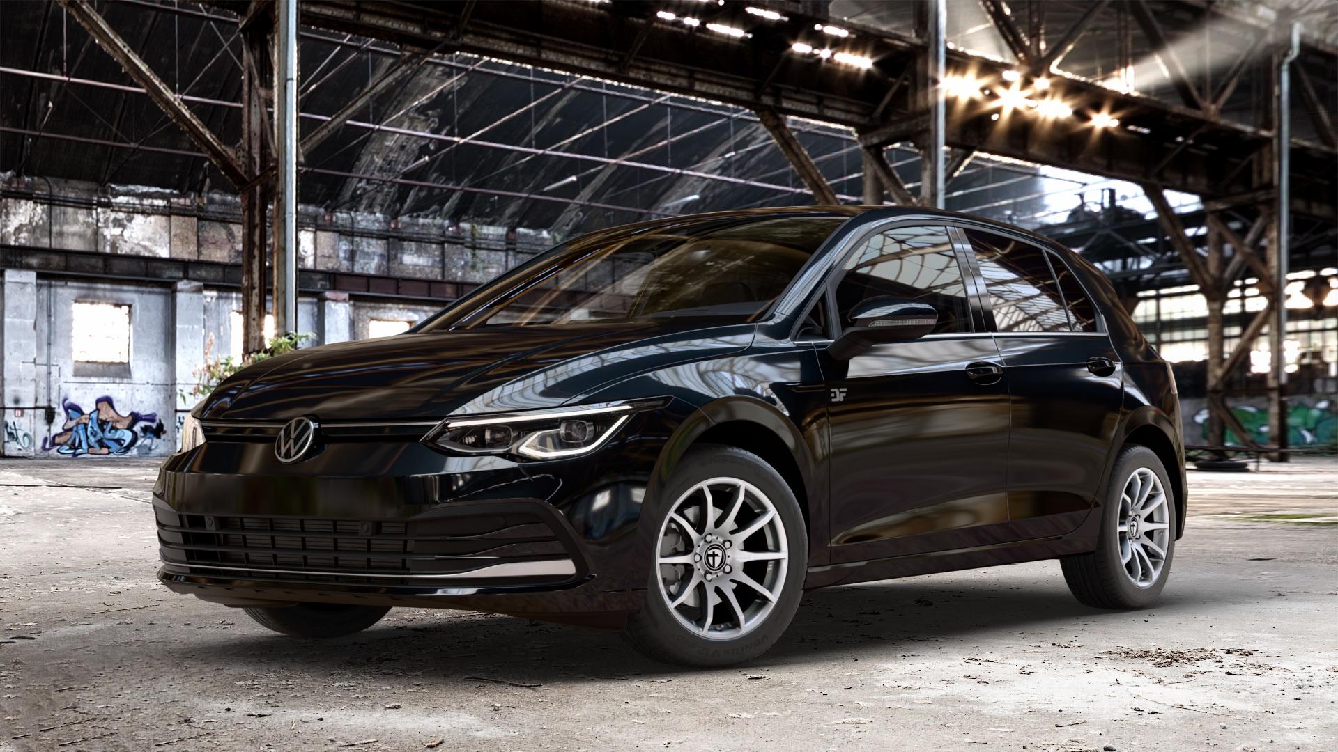TOMASON TN1 bright silver Felge mit Reifen silber in 16Zoll Winterfelge Alufelge auf metallic schwarzem Volkswagen (VW) Golf 8 1,5l TSI 96kW (131 PS) 110kW (150 2,0l TDI 85kW (116 Mild-Hybrid 1,0l 81kW (110 66kW (90 1,4l Hybrid TGI 4Motion 140kW (190 ⬇️ mit 15mm Tieferlegung ⬇️ Old Industrial Hall_max_4400mm_2024 Frontansicht_1