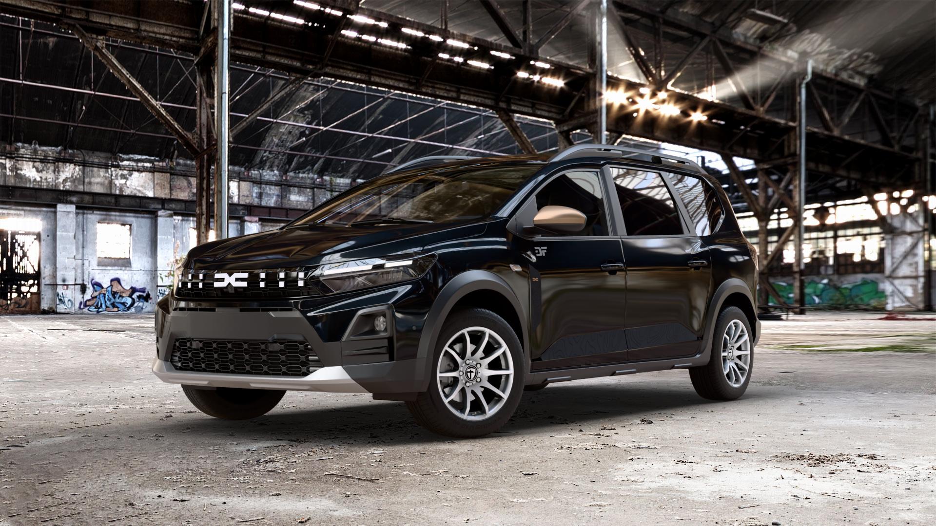 TOMASON TN1 bright silver Felge mit Reifen silber in 16Zoll Winterfelge Alufelge auf schwarzem Dacia Jogger Typ DJF Facelift ⬇️ mit 15mm Tieferlegung ⬇️ Old Industrial Hall_max_5300mm_2024 Frontansicht_1