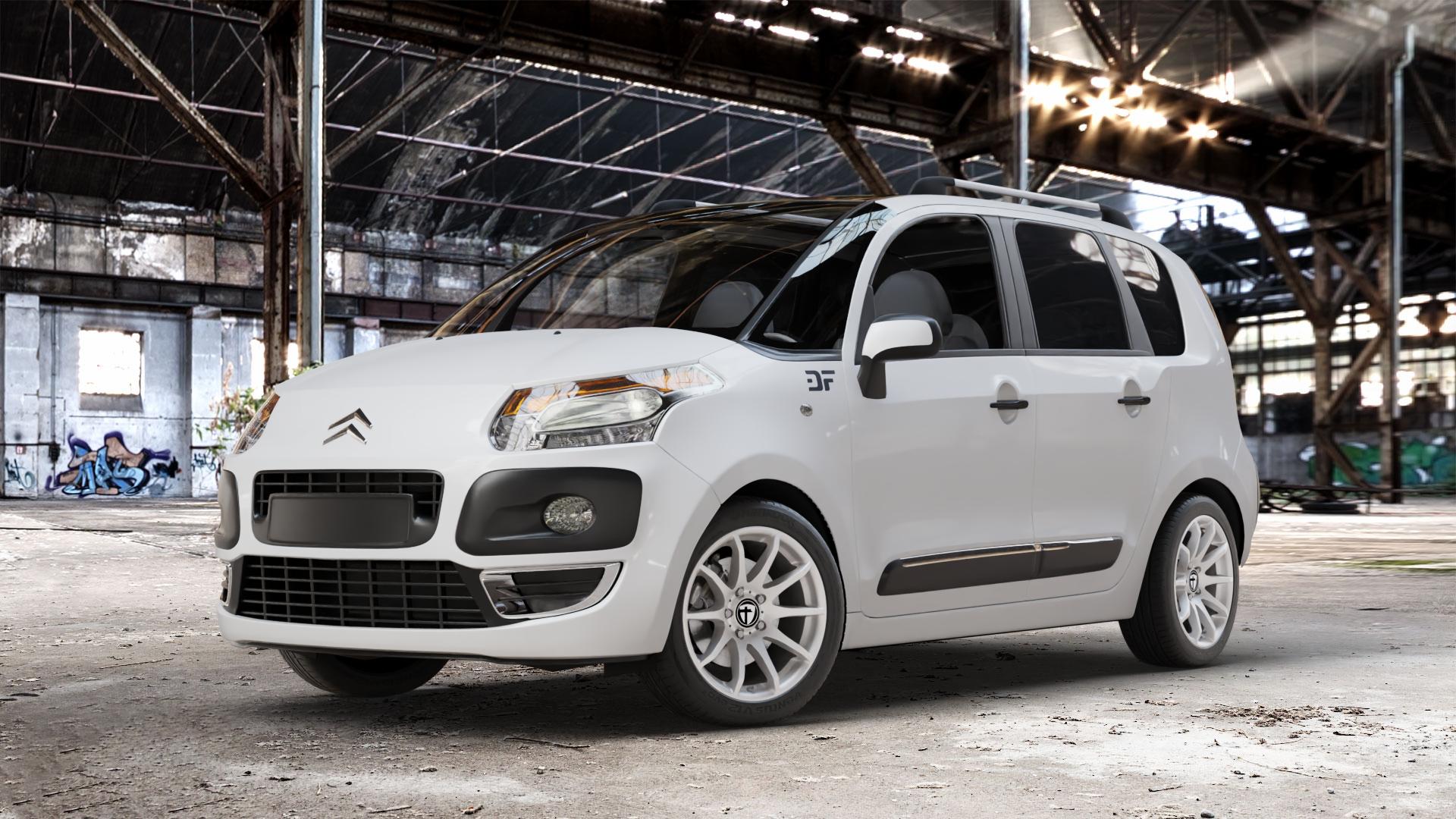 TOMASON TN1 bright silver Felge mit Reifen silber in 16Zoll Winterfelge Alufelge auf weissem Citroen C3 Picasso ⬇️ mit 15mm Tieferlegung ⬇️ Old Industrial Hall_max_4400mm_2024 Frontansicht_1
