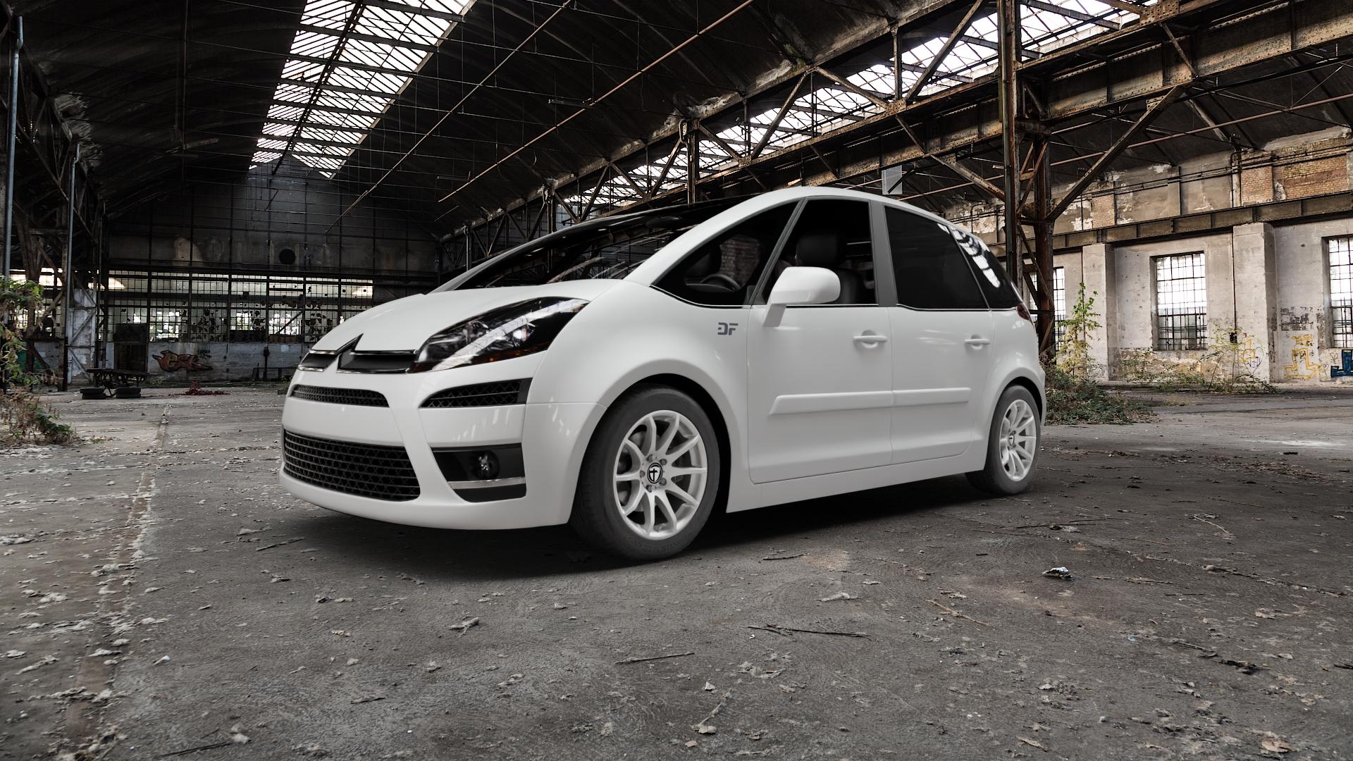TOMASON TN1 bright silver Felge mit Reifen silber in 16Zoll Winterfelge Alufelge auf weissem Citroen C4 Picasso I Typ U***** ⬇️ mit 15mm Tieferlegung ⬇️ Old Industrial Hall_max5000mm_2022 Frontansicht_1