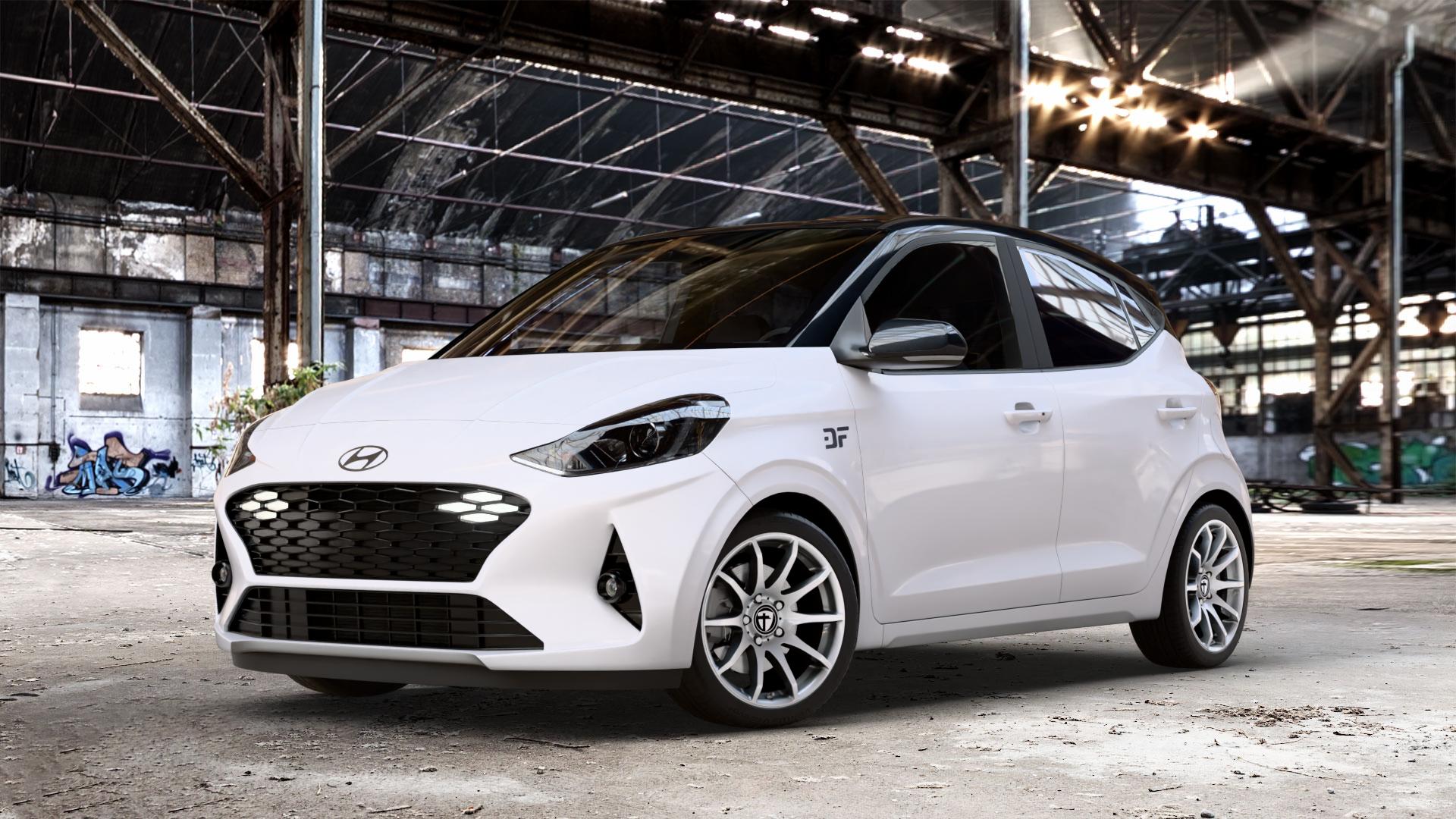 TOMASON TN1 bright silver Felge mit Reifen silber in 16Zoll Winterfelge Alufelge auf weissem Hyundai i10 Typ AC3 Facelift ⬇️ mit 15mm Tieferlegung ⬇️ Old Industrial Hall_max_4400mm_2024 Frontansicht_1