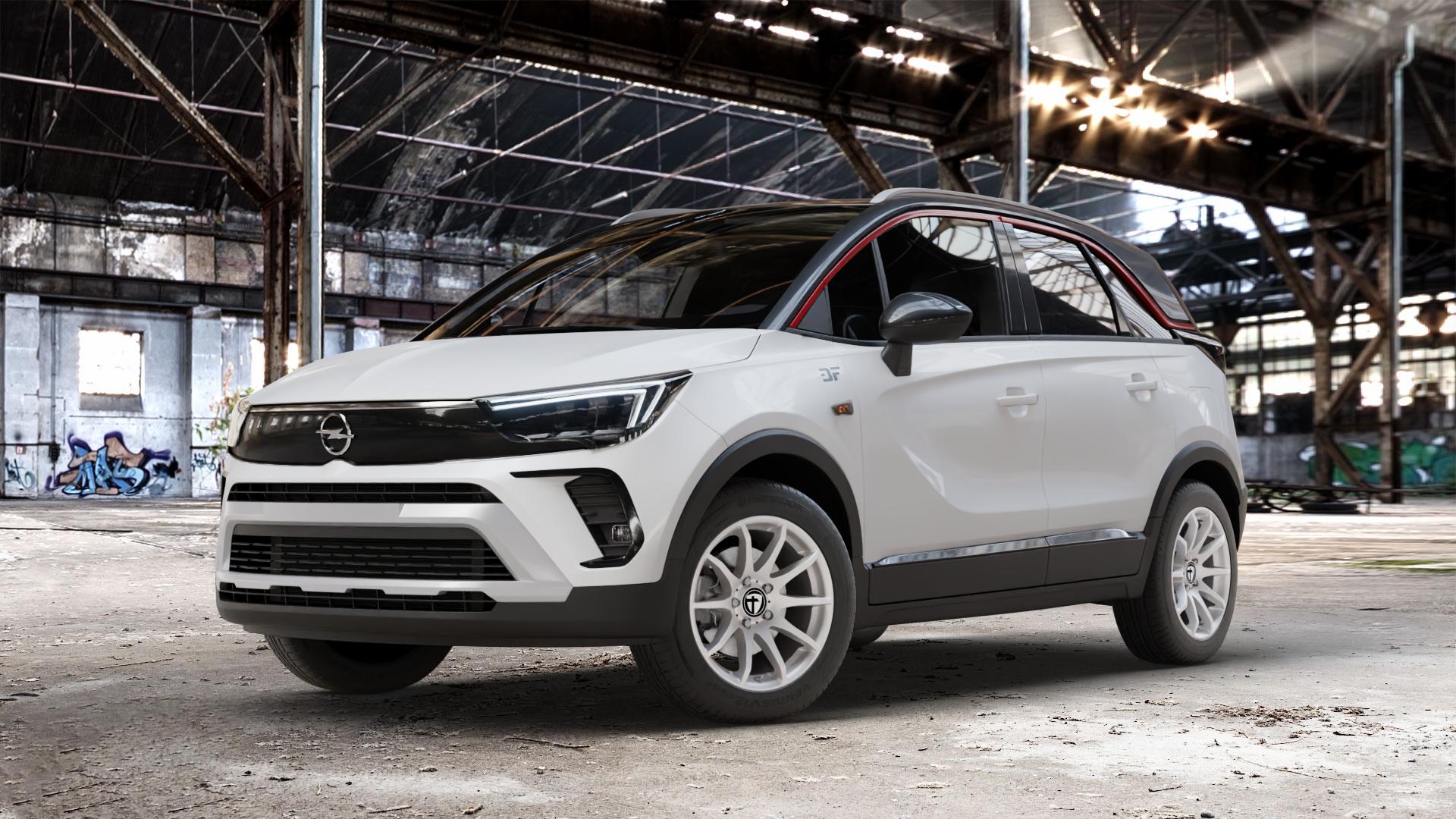 TOMASON TN1 bright silver Felge mit Reifen silber in 16Zoll Winterfelge Alufelge auf weissem Opel Crossland ⬇️ mit 15mm Tieferlegung ⬇️ Old Industrial Hall_max_4400mm_2024 Frontansicht_1