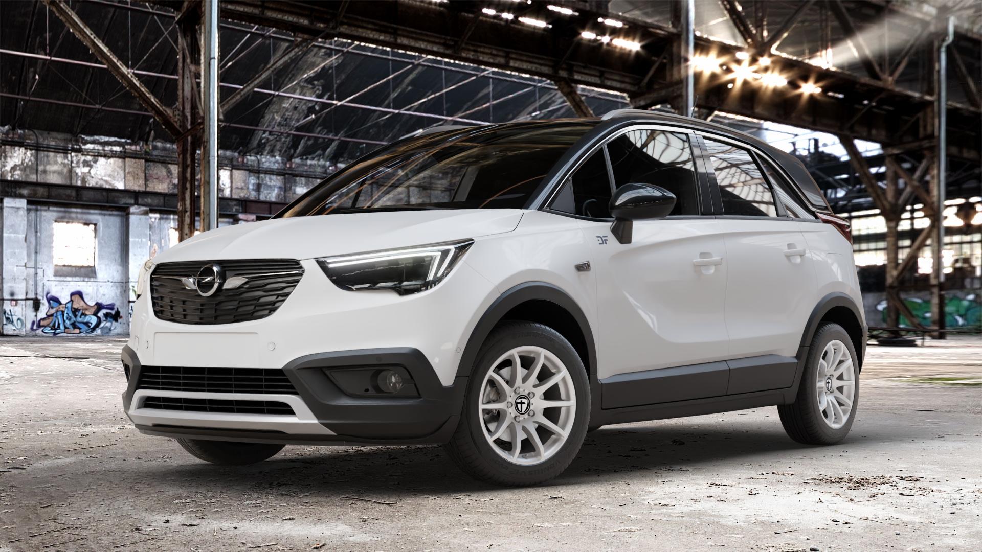 TOMASON TN1 bright silver Felge mit Reifen silber in 16Zoll Winterfelge Alufelge auf weissem Opel Crossland X ⬇️ mit 15mm Tieferlegung ⬇️ Old Industrial Hall_max_4400mm_2024 Frontansicht_1