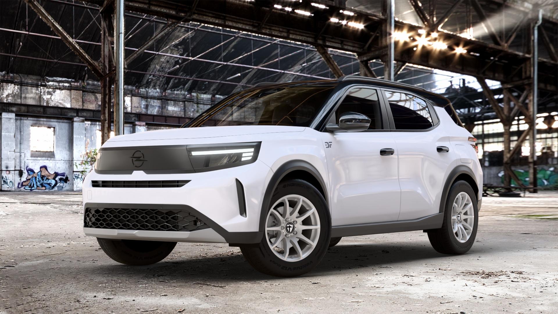 TOMASON TN1 bright silver Felge mit Reifen silber in 16Zoll Winterfelge Alufelge auf weissem Opel Frontera C 1,2l 100kW Mild-Hybrid (136 PS) 74kW (101 0,0l 53kW Electric (72 ⬇️ mit 15mm Tieferlegung ⬇️ Old Industrial Hall_max_4400mm_2024 Frontansicht_1