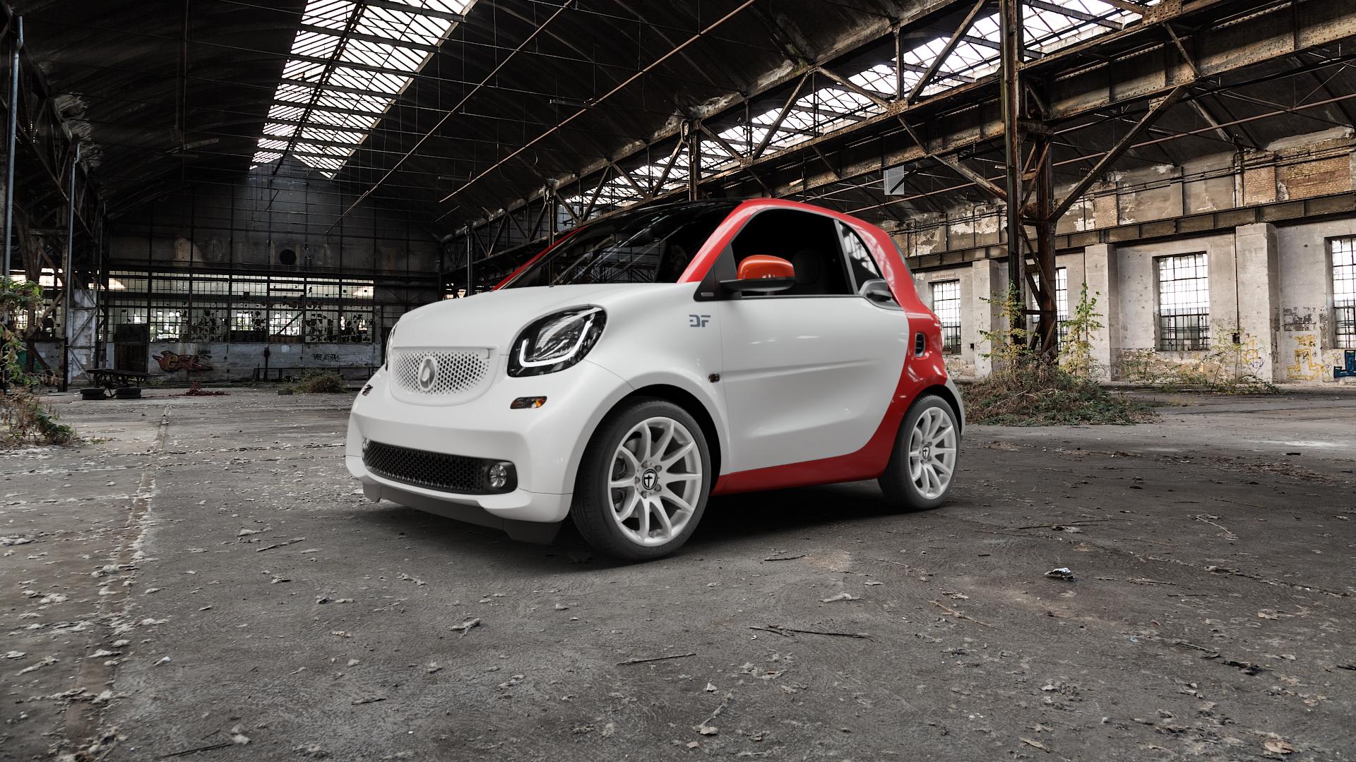 TOMASON TN1 bright silver Felge mit Reifen silber in 16Zoll Winterfelge Alufelge auf weissem Smart Fortwo Coupe III (14-) (453) ⬇️ mit 15mm Tieferlegung ⬇️ Old Industrial Hall_max5000mm_2022 Frontansicht_1