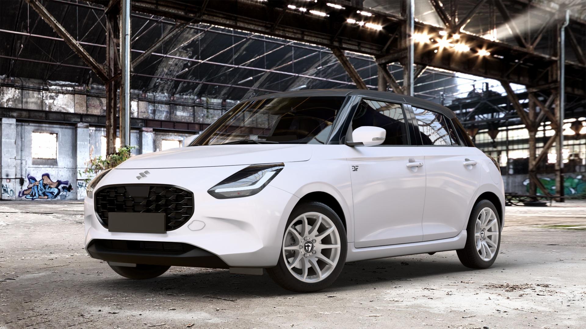 TOMASON TN1 bright silver Felge mit Reifen silber in 16Zoll Winterfelge Alufelge auf weissem Suzuki Swift VII Typ UZ 1,2l 61kW Mild-Hybrid (83 PS) AWD ⬇️ mit 15mm Tieferlegung ⬇️ Old Industrial Hall_max_4400mm_2024 Frontansicht_1