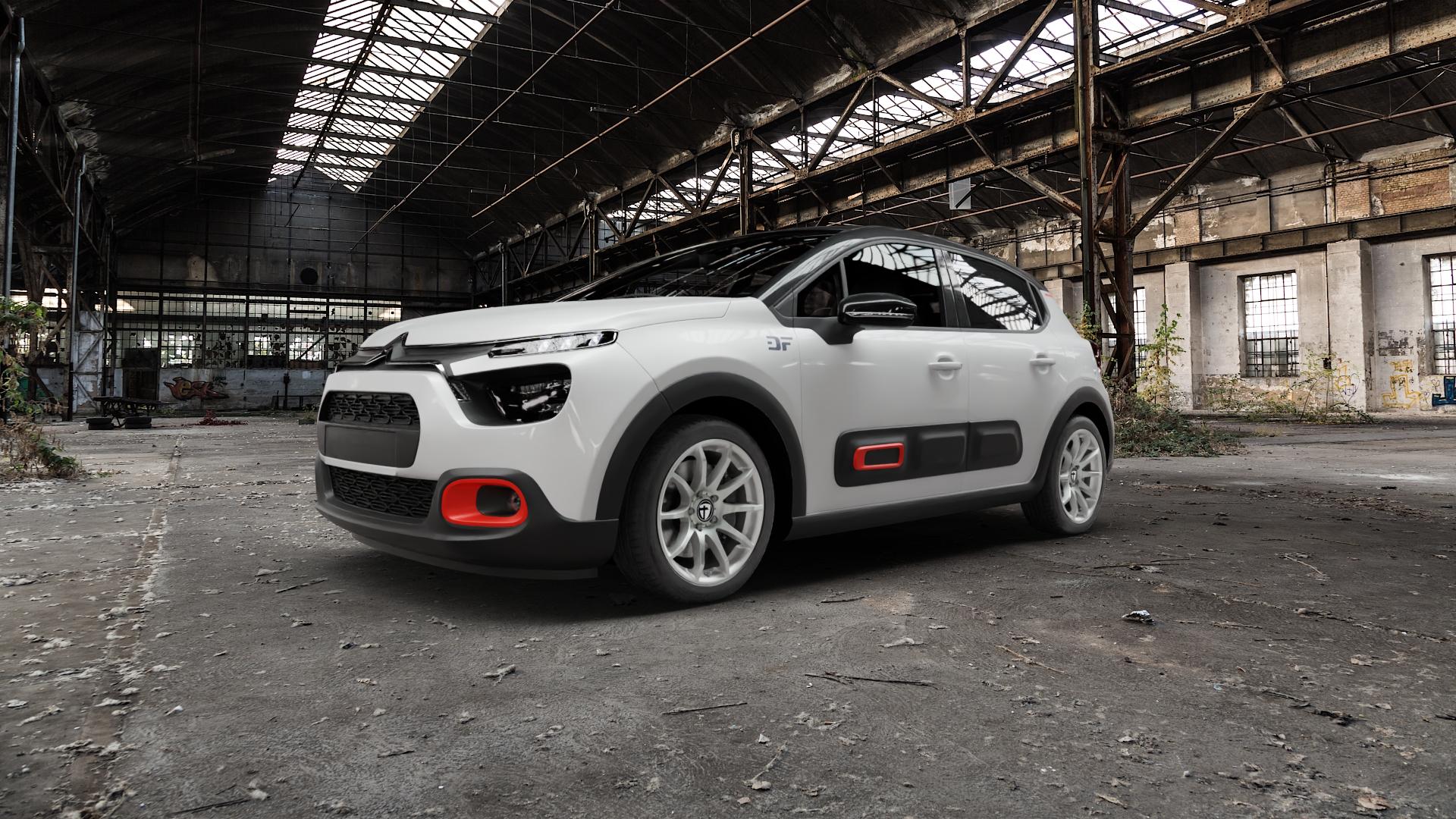 TOMASON TN1 bright silver Felge mit Reifen silber in 17Zoll Winterfelge Alufelge auf weissem Citroen C3 III Facelift ⬇️ mit 15mm Tieferlegung ⬇️ Old Industrial Hall_max5000mm_2022 Frontansicht_1