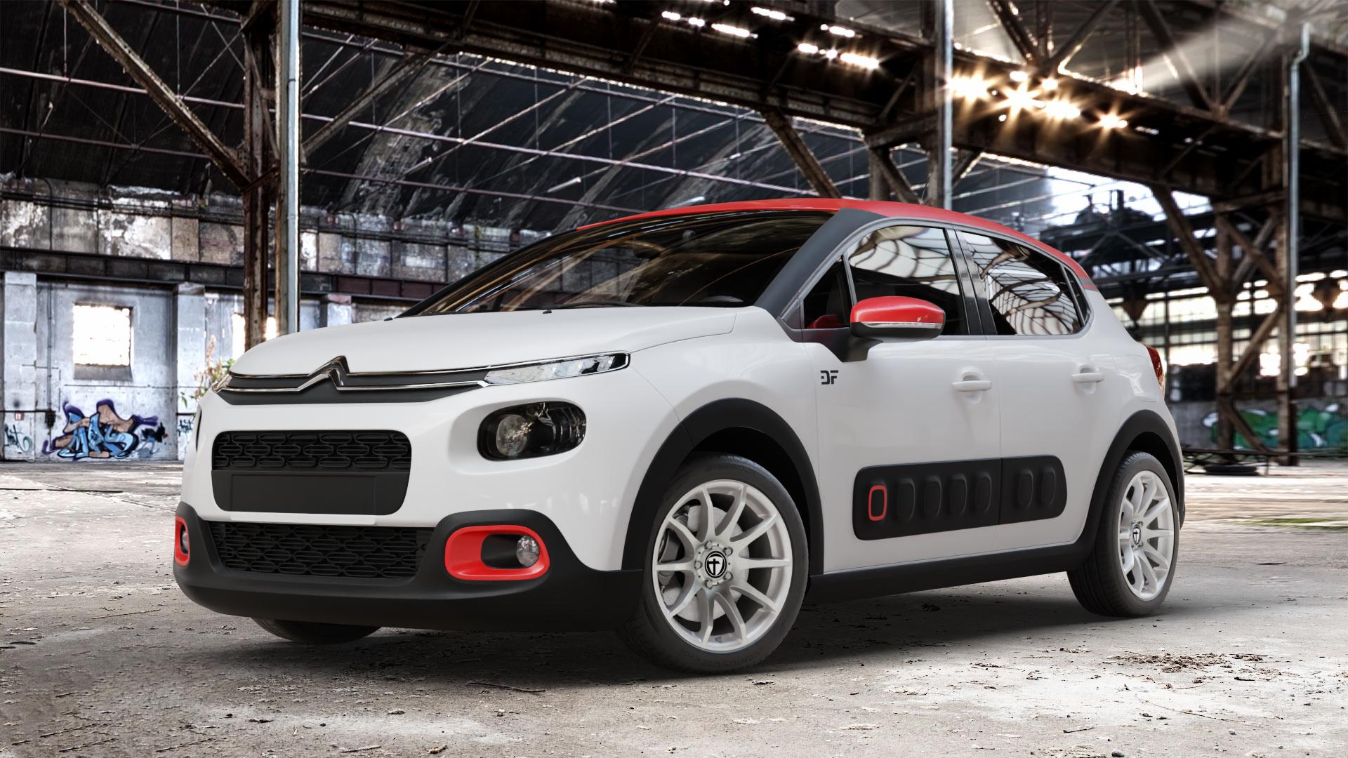 TOMASON TN1 bright silver Felge mit Reifen silber in 17Zoll Winterfelge Alufelge auf weissem Citroen C3 III ⬇️ mit 15mm Tieferlegung ⬇️ Old Industrial Hall_max_4400mm_2024 Frontansicht_1