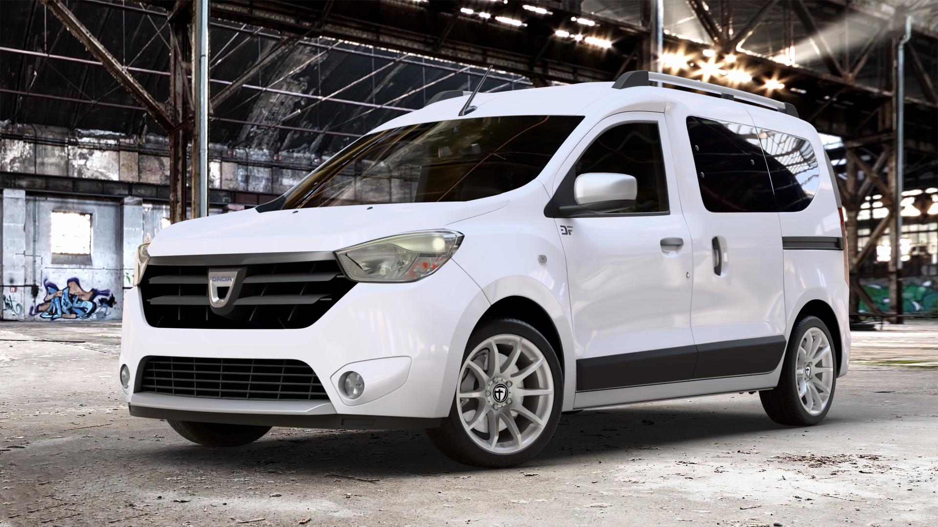 TOMASON TN1 bright silver Felge mit Reifen silber in 17Zoll Winterfelge Alufelge auf weissem Dacia Dokker Stepway Typ SD 1,5l dCi 66kW (90 PS) 1,2l TCe 85kW (116 55kW (75 1,6l SCe 75kW (102 Facelift ⬇️ mit 15mm Tieferlegung ⬇️ Old Industrial Hall_max_4400mm_2024 Frontansicht_1