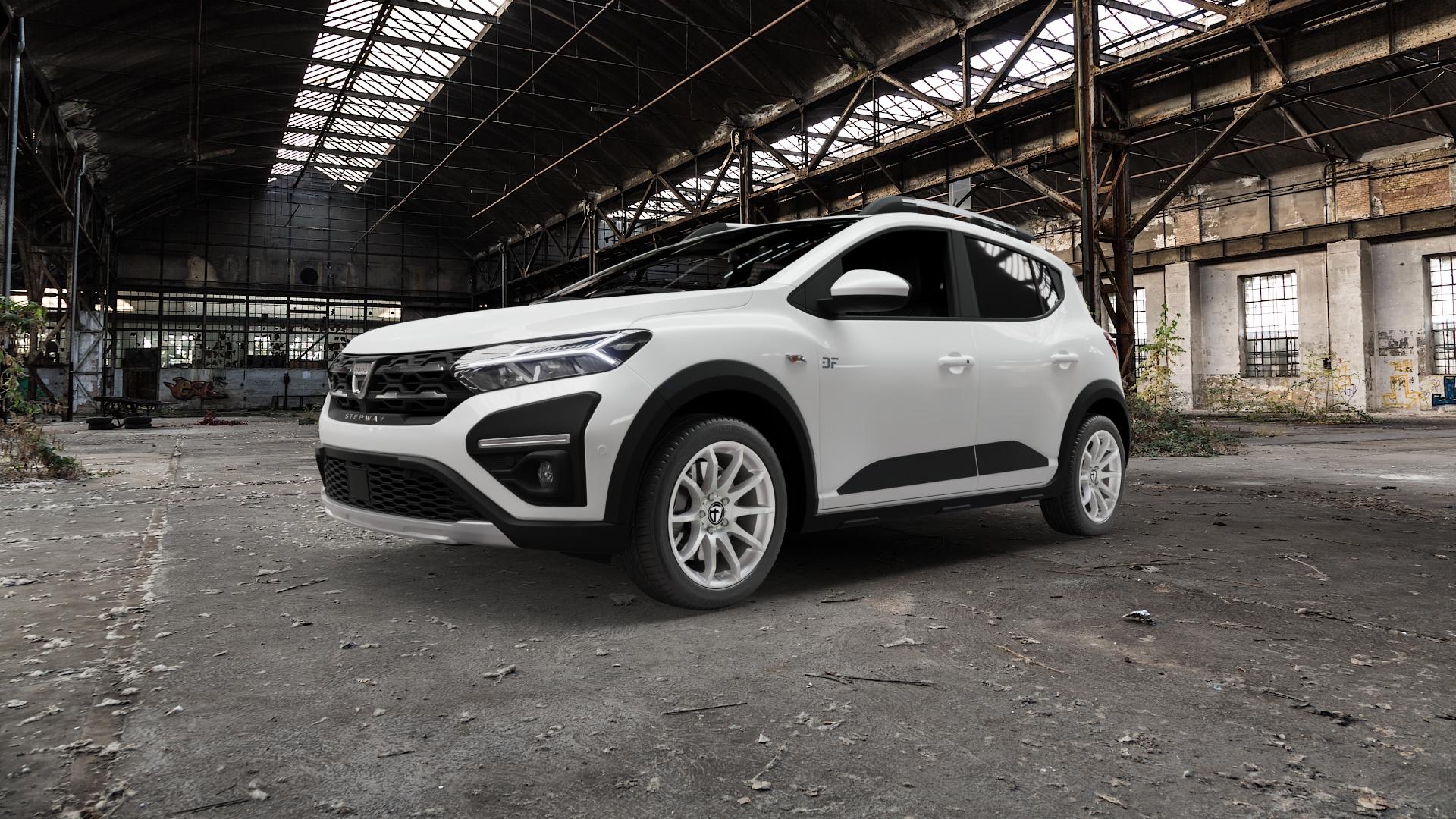 TOMASON TN1 bright silver Felge mit Reifen silber in 17Zoll Winterfelge Alufelge auf weissem Dacia Sandero Stepway III Typ DJF ⬇️ mit 15mm Tieferlegung ⬇️ Old Industrial Hall_max5000mm_2022 Frontansicht_1