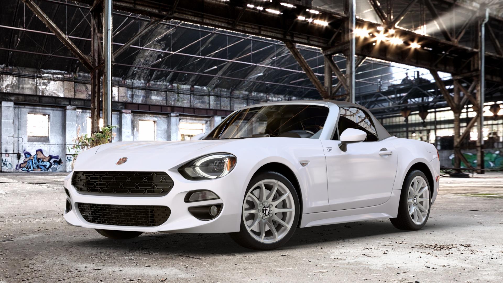 TOMASON TN1 bright silver Felge mit Reifen silber in 17Zoll Winterfelge Alufelge auf weissem Fiat 124 Spider Typ NF ⬇️ mit 15mm Tieferlegung ⬇️ Old Industrial Hall_max_4400mm_2024 Frontansicht_1