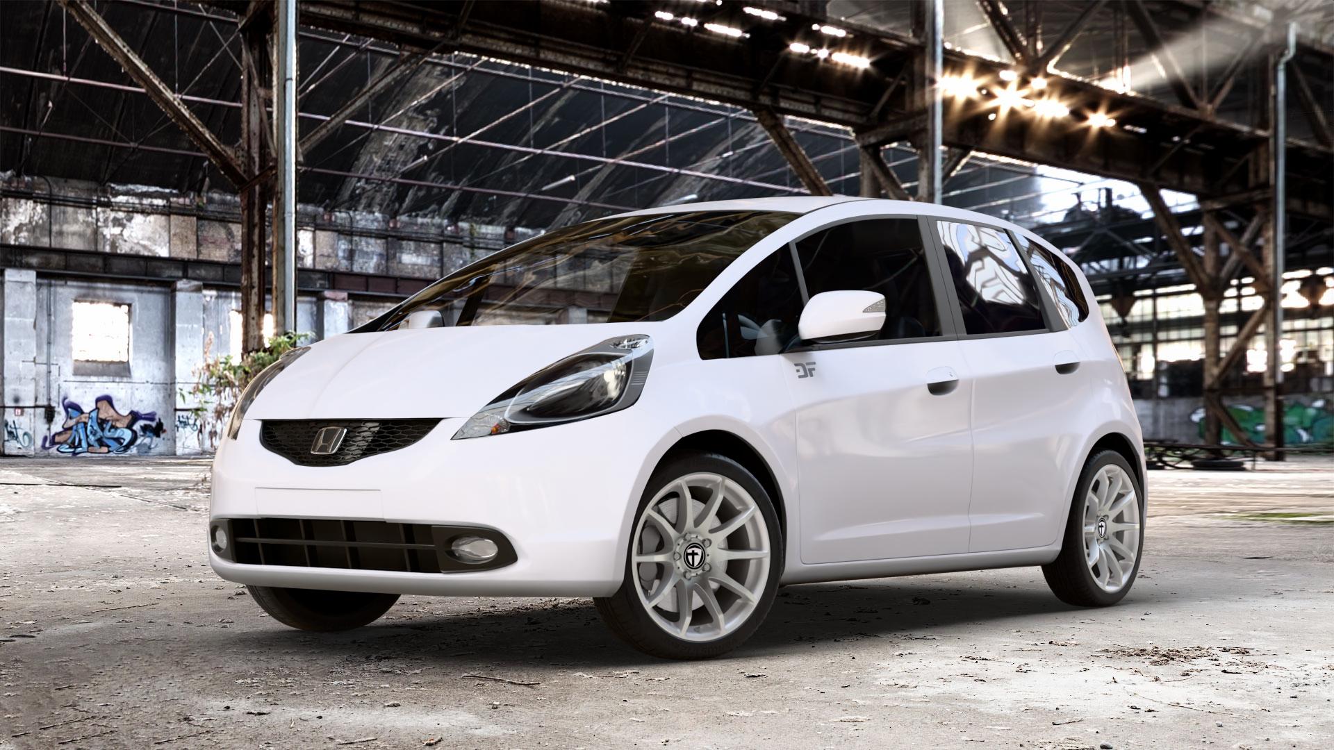 TOMASON TN1 bright silver Felge mit Reifen silber in 17Zoll Winterfelge Alufelge auf weissem Honda Jazz III (GG, GE) 1,2l i-VTEC 66kW GG5 (90 PS) 1,4l 73kW GG6 (99 GG3 GE6 GG1 GG2 IMA Hybrid 65kW GP1 (88 ⬇️ mit 15mm Tieferlegung ⬇️ Old Industrial Hall_max_4400mm_2024 Frontansicht_1