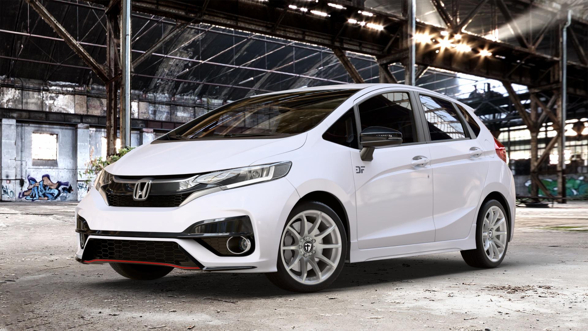 TOMASON TN1 bright silver Felge mit Reifen silber in 17Zoll Winterfelge Alufelge auf weissem Honda Jazz IV (GK) Facelift ⬇️ mit 15mm Tieferlegung ⬇️ Old Industrial Hall_max_4400mm_2024 Frontansicht_1