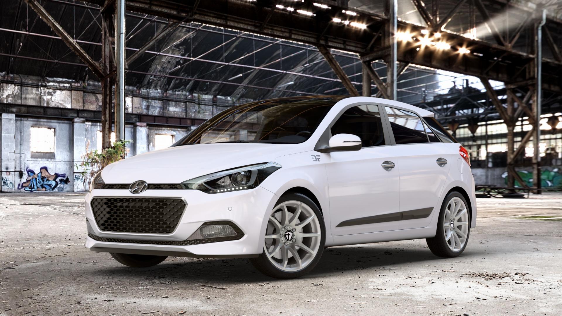 TOMASON TN1 bright silver Felge mit Reifen silber in 17Zoll Winterfelge Alufelge auf weissem Hyundai i20 Typ GB Coupe Facelift ⬇️ mit 15mm Tieferlegung ⬇️ Old Industrial Hall_max_4400mm_2024 Frontansicht_1