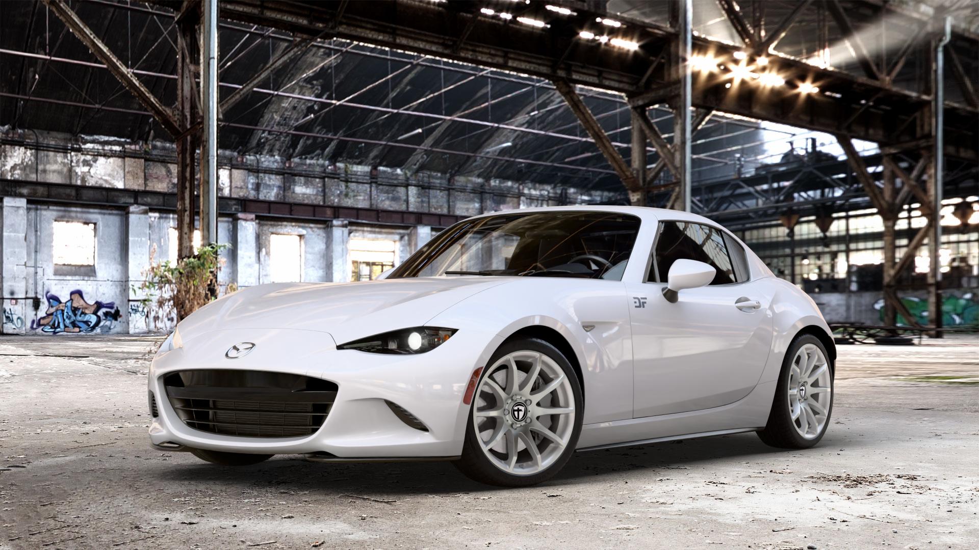 TOMASON TN1 bright silver Felge mit Reifen silber in 17Zoll Winterfelge Alufelge auf weissem Mazda MX-5 IV RF (ND) ⬇️ mit 15mm Tieferlegung ⬇️ Old Industrial Hall_max_4400mm_2024 Frontansicht_1