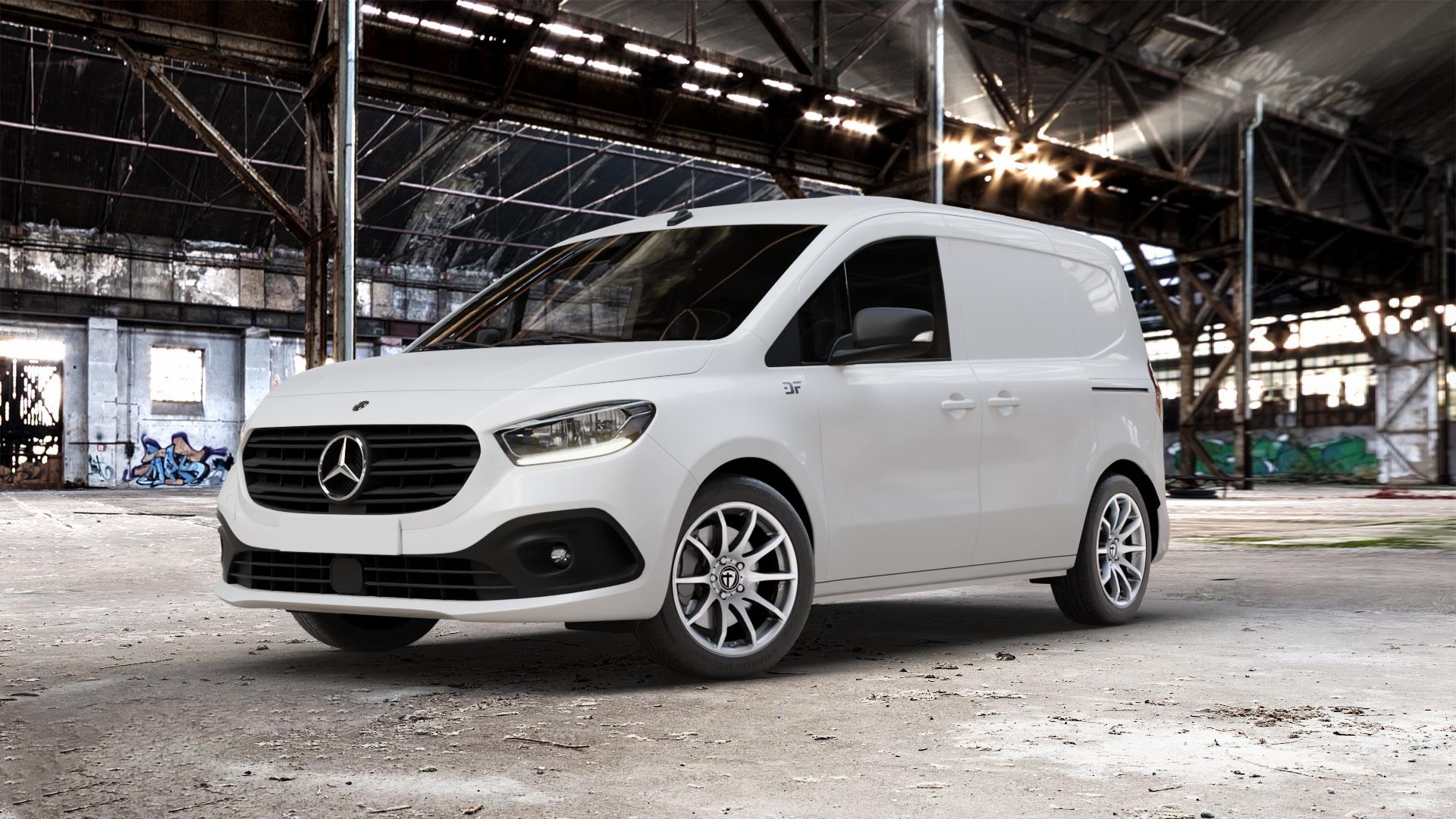 TOMASON TN1 bright silver Felge mit Reifen silber in 17Zoll Winterfelge Alufelge auf weissem Mercedes Citan Kasten Typ W420 ⬇️ mit 15mm Tieferlegung ⬇️ Old Industrial Hall_max_5300mm_2024 Frontansicht_1