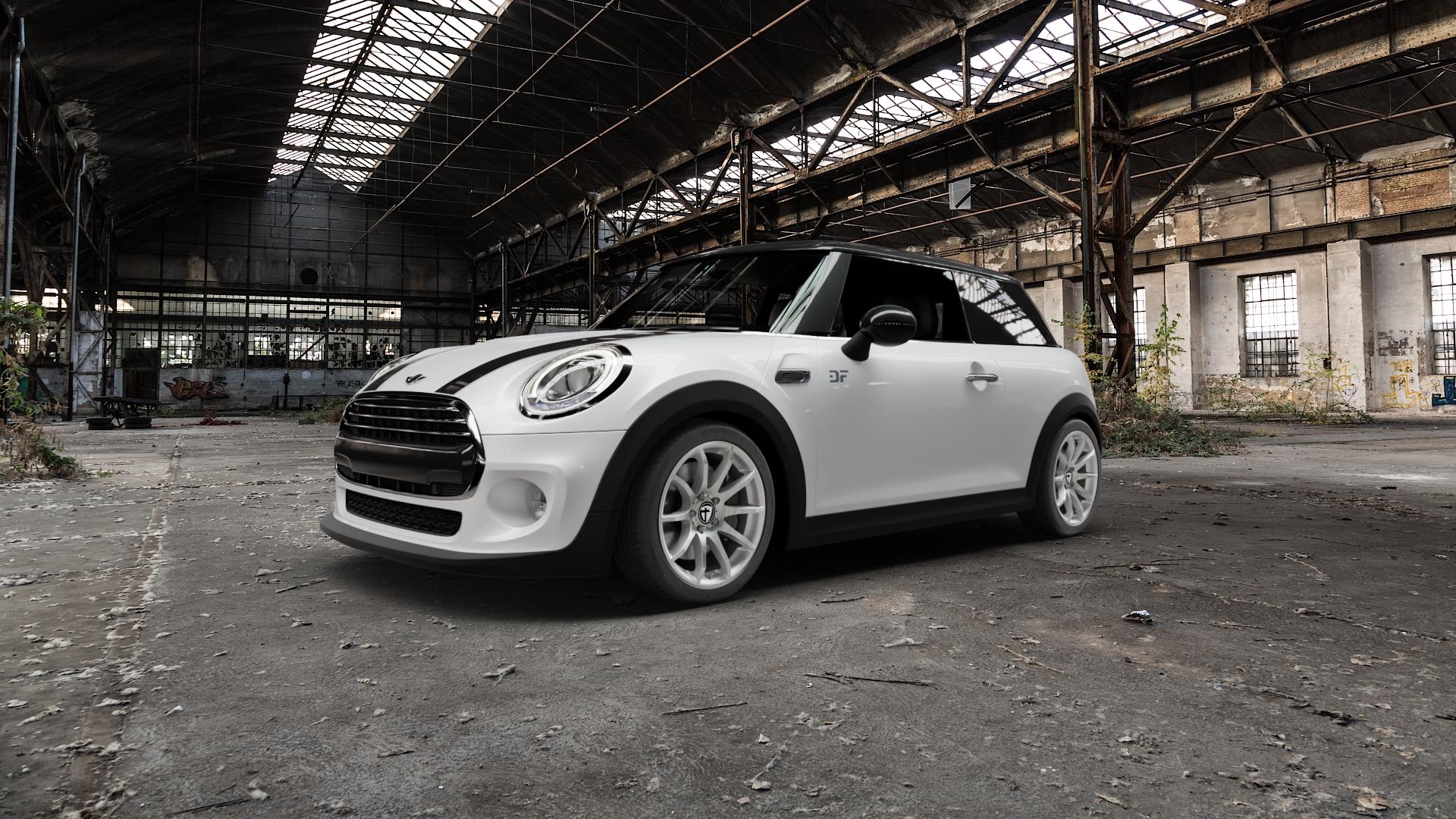 TOMASON TN1 bright silver Felge mit Reifen silber in 17Zoll Winterfelge Alufelge auf weissem Mini F56 Typ UKL-L (3-Türer Limousine) ⬇️ mit 15mm Tieferlegung ⬇️ Old Industrial Hall_max5000mm_2022 Frontansicht_1