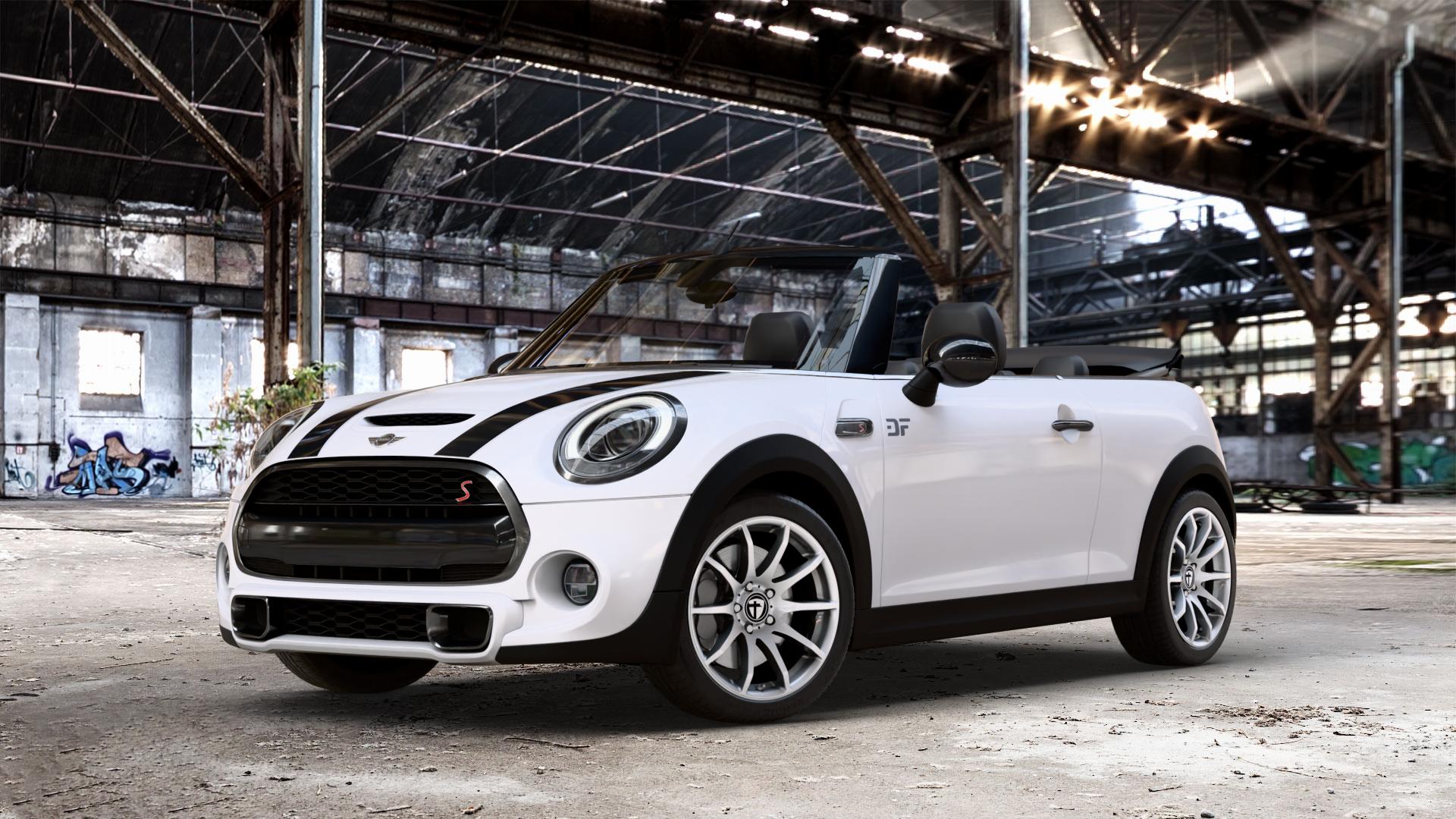 TOMASON TN1 bright silver Felge mit Reifen silber in 17Zoll Winterfelge Alufelge auf weissem Mini F57 Typ UKL-L (Cabriolet) 2,0l Cooper S 141kW (192 PS) SD 125kW (170 JCW 170kW (231 FMCA 155kW (211 120kW (163 Facelift ⬇️ mit 15mm Tieferlegung ⬇️ Old Industrial Hall_max_4400mm_2024 Frontansicht_1