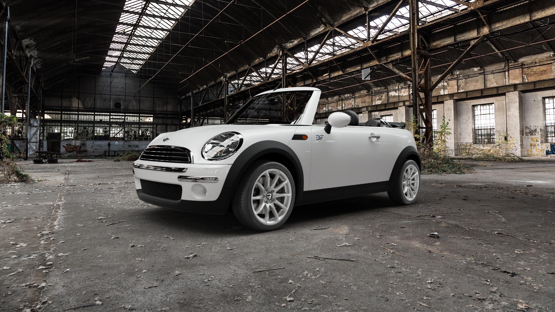 TOMASON TN1 bright silver Felge mit Reifen silber in 17Zoll Winterfelge Alufelge auf weissem Mini R52 Typ MINI (Cabriolet) ⬇️ mit 15mm Tieferlegung ⬇️ Old Industrial Hall_max5000mm_2022 Frontansicht_1