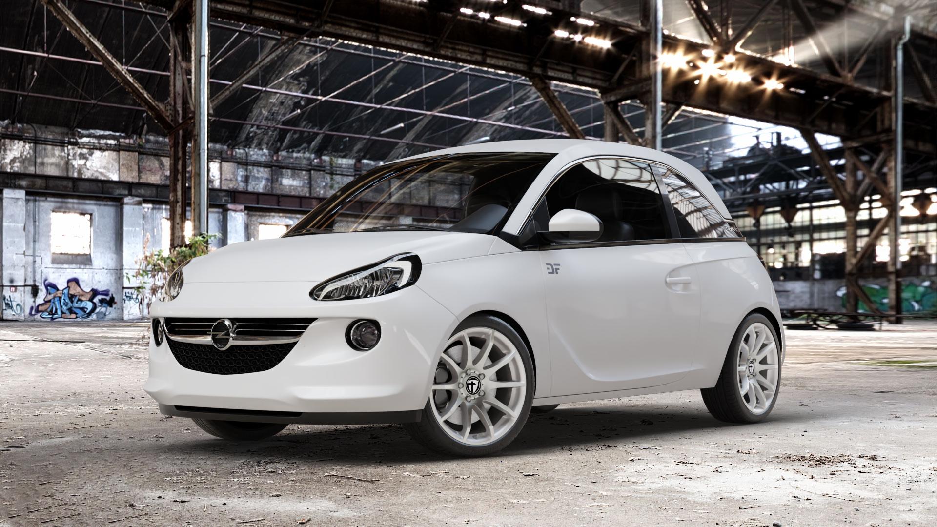 TOMASON TN1 bright silver Felge mit Reifen silber in 17Zoll Winterfelge Alufelge auf weissem Opel Adam ⬇️ mit 15mm Tieferlegung ⬇️ Old Industrial Hall_max_4400mm_2024 Frontansicht_1