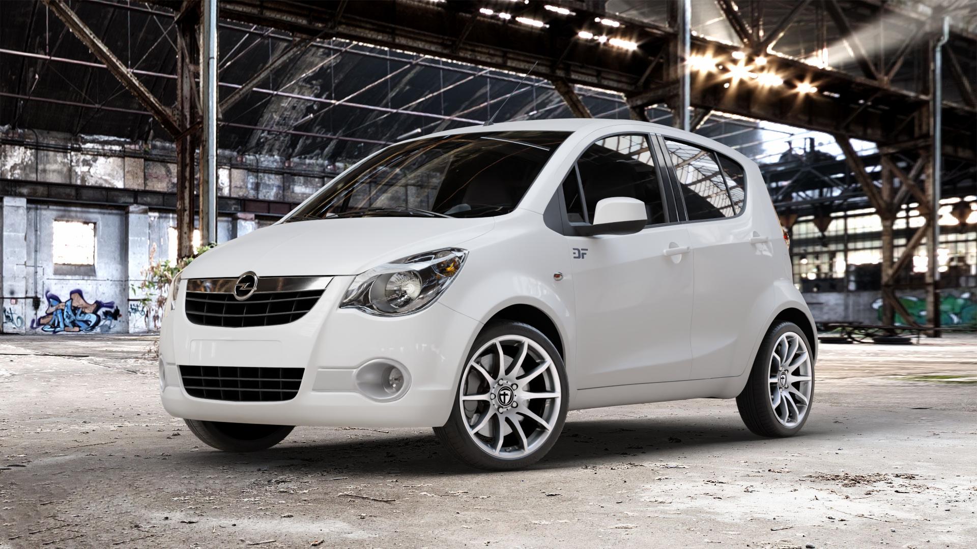TOMASON TN1 bright silver Felge mit Reifen silber in 17Zoll Winterfelge Alufelge auf weissem Opel Agila Typ H-B ⬇️ mit 15mm Tieferlegung ⬇️ Old Industrial Hall_max_4400mm_2024 Frontansicht_1