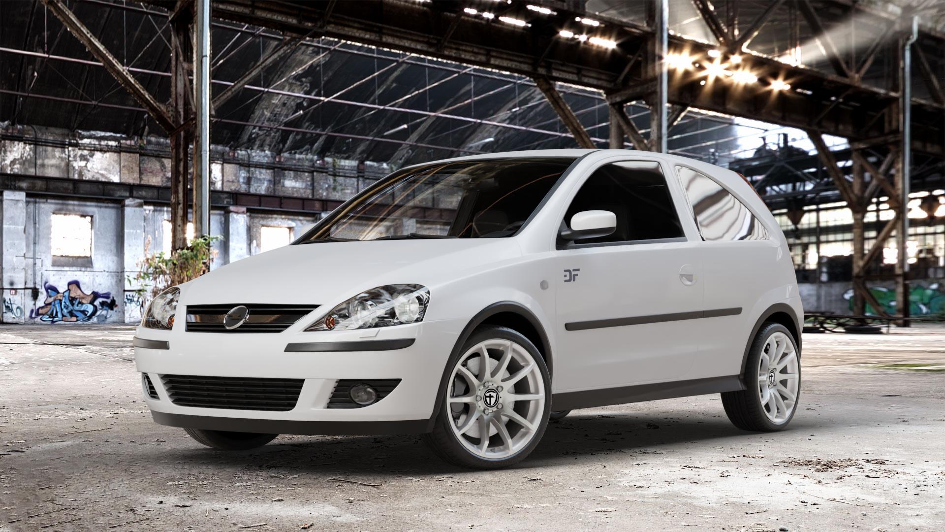 TOMASON TN1 bright silver Felge mit Reifen silber in 17Zoll Winterfelge Alufelge auf weissem Opel Corsa C Typ CORSA-C ⬇️ mit 15mm Tieferlegung ⬇️ Old Industrial Hall_max_4400mm_2024 Frontansicht_1