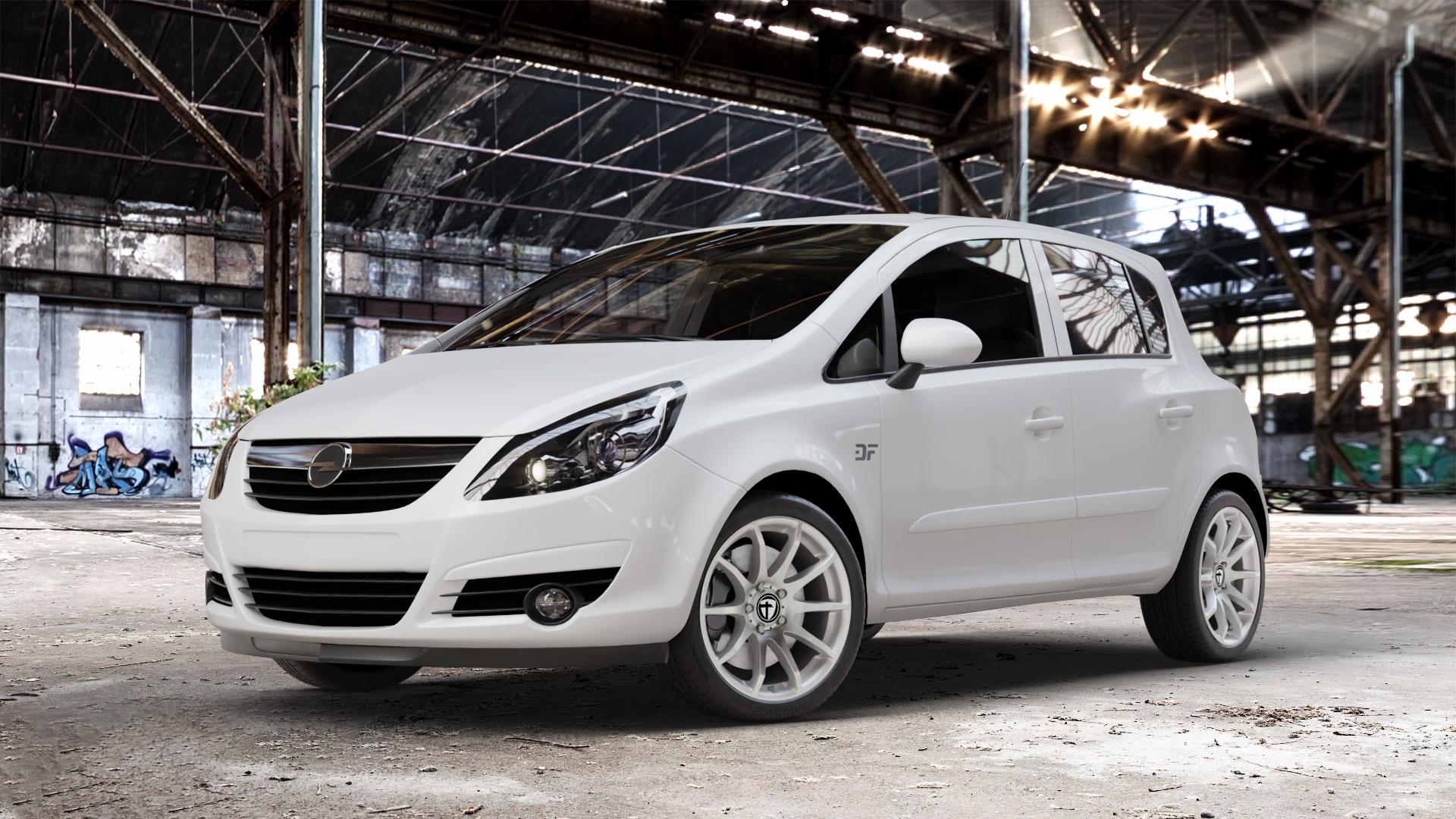 TOMASON TN1 bright silver Felge mit Reifen silber in 17Zoll Winterfelge Alufelge auf weissem Opel Corsa D Typ S-D ⬇️ mit 15mm Tieferlegung ⬇️ Old Industrial Hall_max_4400mm_2024 Frontansicht_1