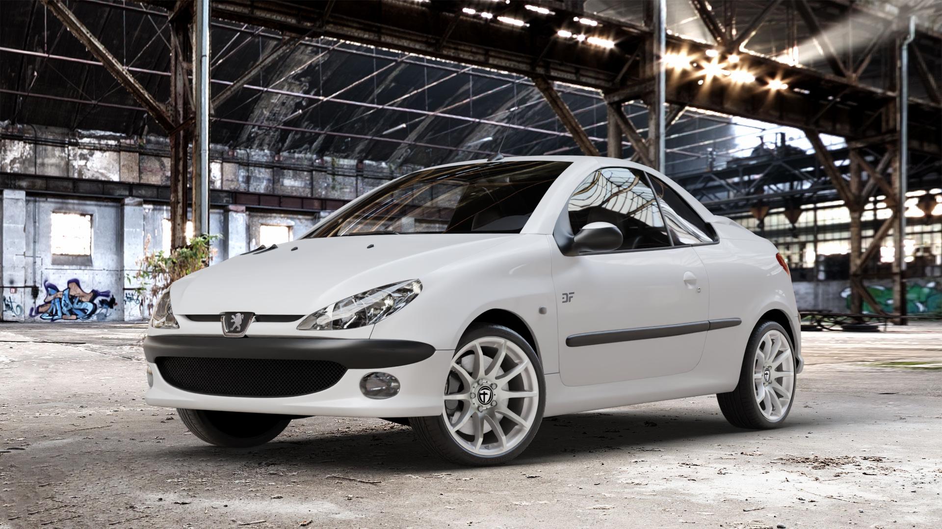 TOMASON TN1 bright silver Felge mit Reifen silber in 17Zoll Winterfelge Alufelge auf weissem Peugeot 206 CC 1,6l HDi FAP 80kW (109 PS) 16V 2,0l 100kW (136 ⬇️ mit 15mm Tieferlegung ⬇️ Old Industrial Hall_max_4400mm_2024 Frontansicht_1