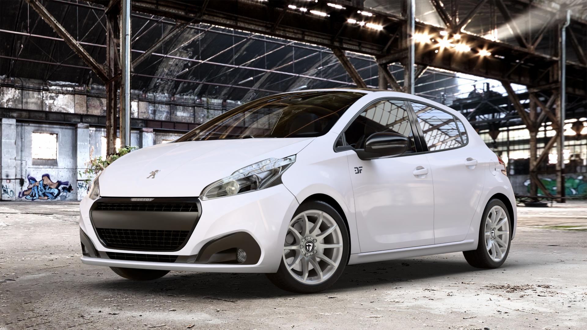 TOMASON TN1 bright silver Felge mit Reifen silber in 17Zoll Winterfelge Alufelge auf weissem Peugeot 208 Typ C Facelift ⬇️ mit 15mm Tieferlegung ⬇️ Old Industrial Hall_max_4400mm_2024 Frontansicht_1